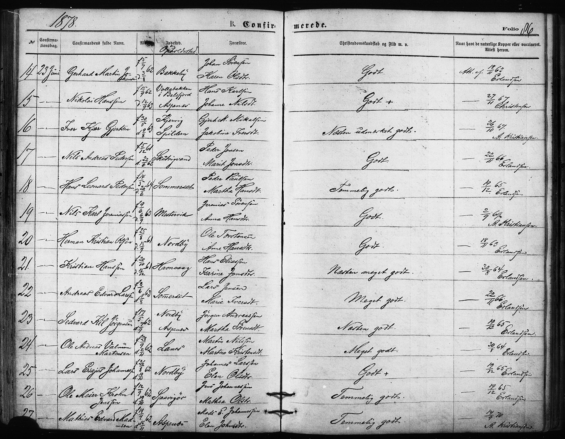 Balsfjord sokneprestembete, AV/SATØ-S-1303/G/Gaa/L0002kirke: Parish register (official) no. 2, 1871-1886, p. 86