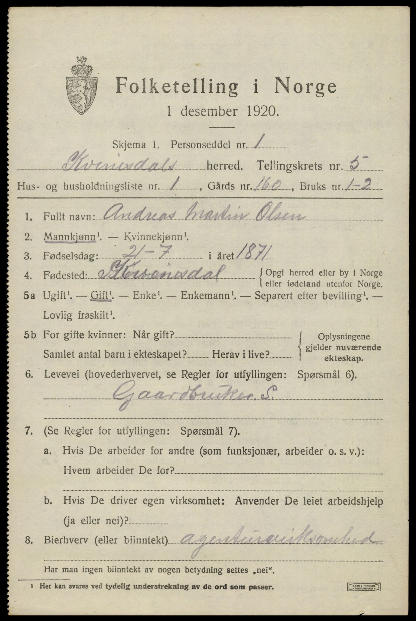 SAK, 1920 census for Kvinesdal, 1920, p. 5703