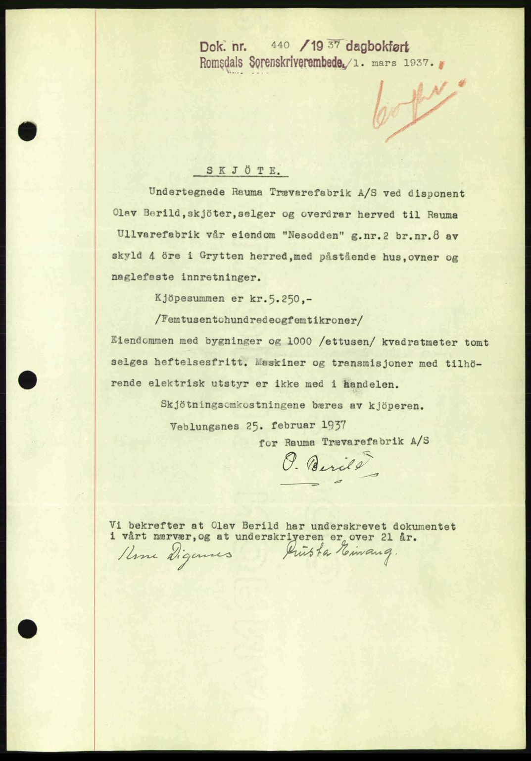 Romsdal sorenskriveri, AV/SAT-A-4149/1/2/2C: Mortgage book no. A2, 1936-1937, Diary no: : 440/1937