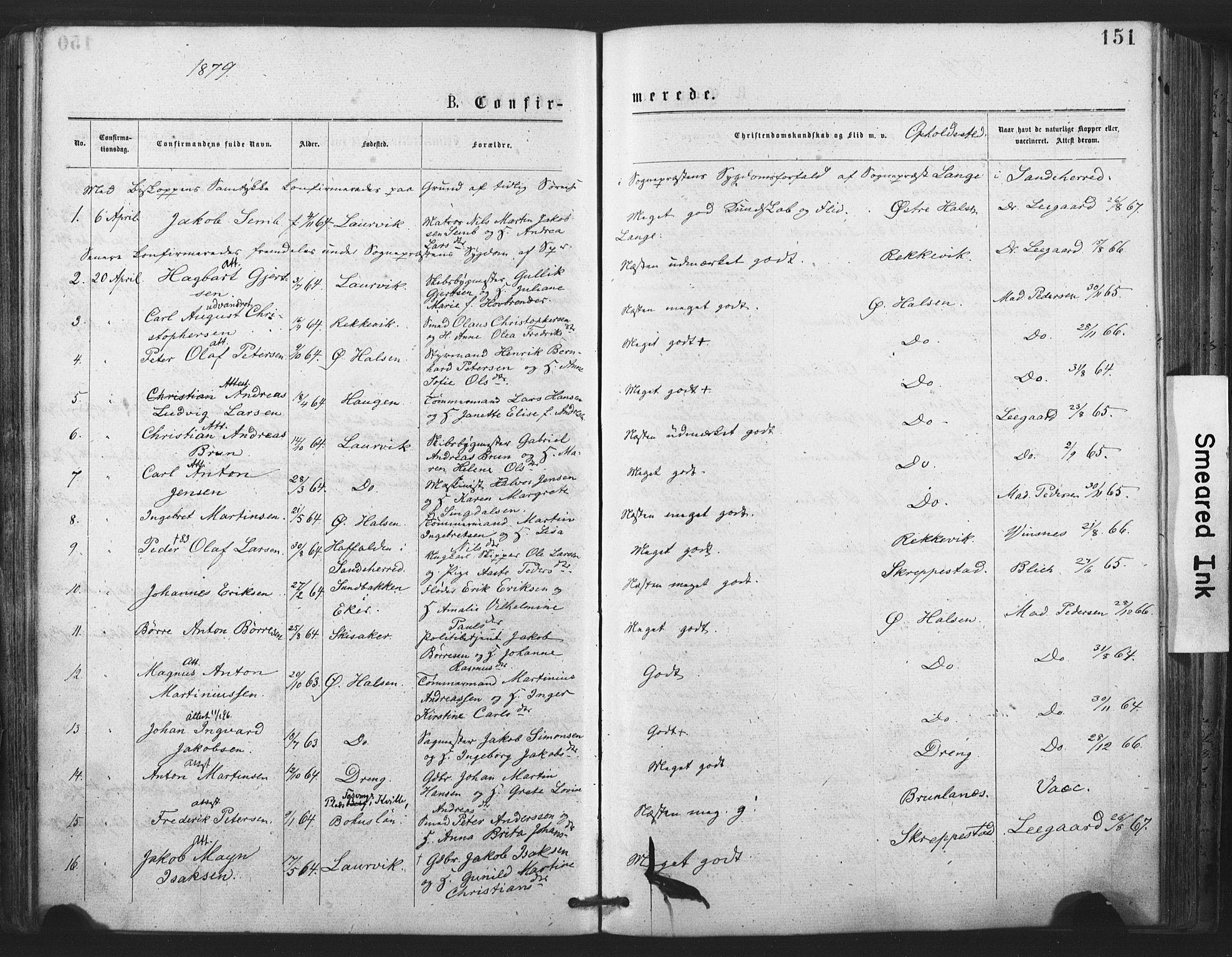 Tjølling kirkebøker, SAKO/A-60/F/Fa/L0008: Parish register (official) no. 8, 1877-1886, p. 151