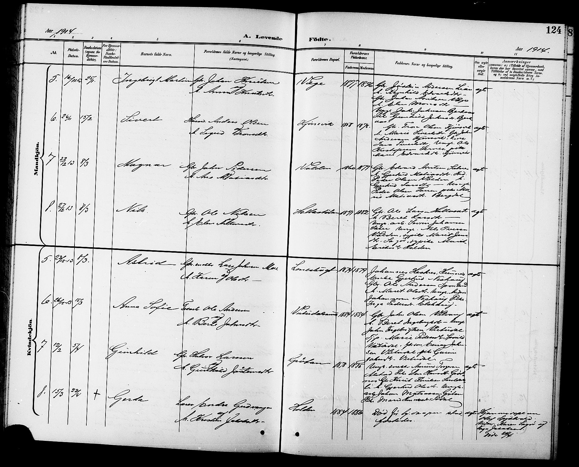 Ministerialprotokoller, klokkerbøker og fødselsregistre - Sør-Trøndelag, SAT/A-1456/630/L0505: Parish register (copy) no. 630C03, 1899-1914, p. 124