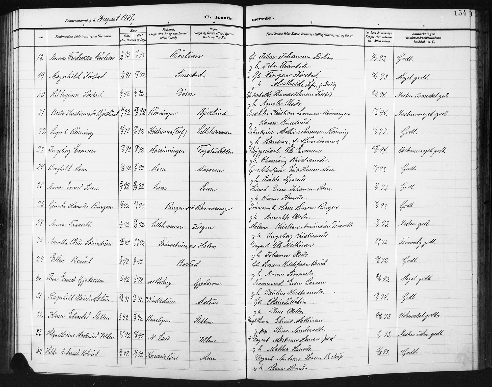 Fåberg prestekontor, AV/SAH-PREST-086/H/Ha/Hab/L0012: Parish register (copy) no. 12, 1903-1924, p. 154