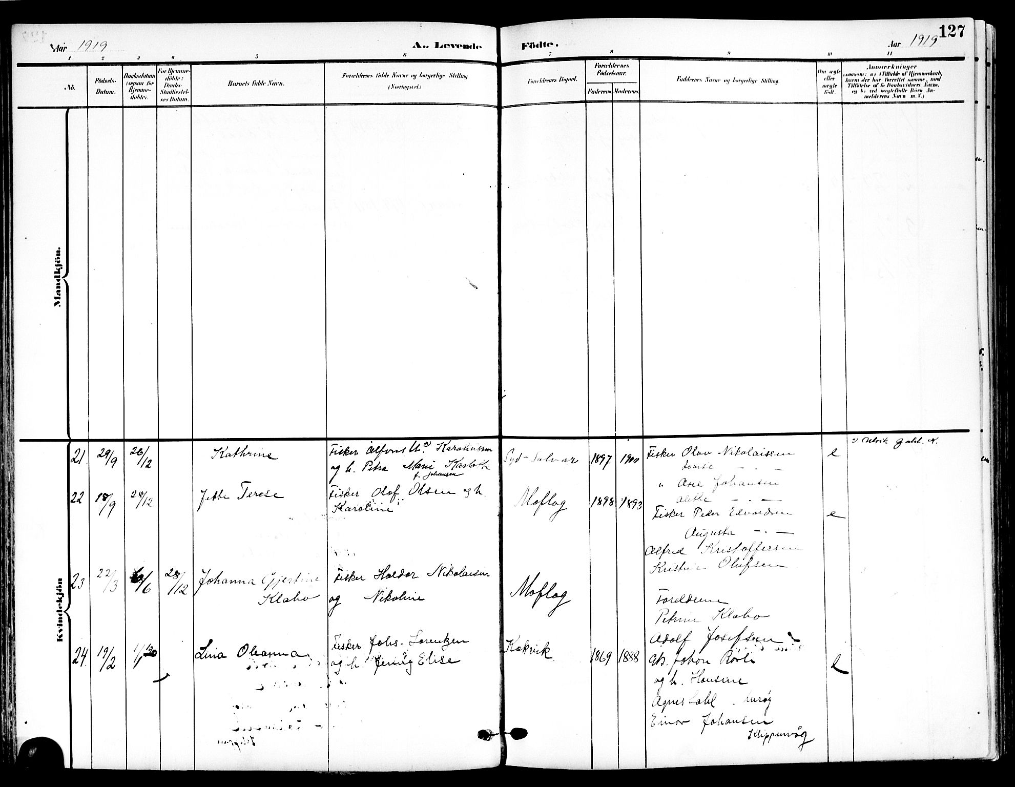 Ministerialprotokoller, klokkerbøker og fødselsregistre - Nordland, AV/SAT-A-1459/839/L0569: Parish register (official) no. 839A06, 1903-1922, p. 127