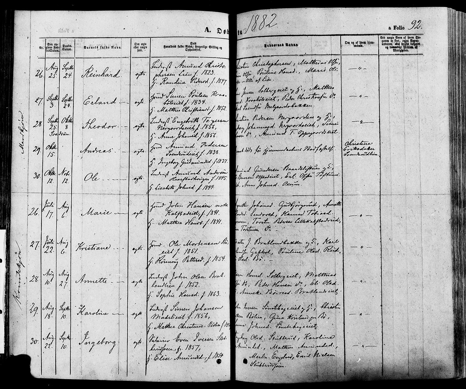 Gausdal prestekontor, SAH/PREST-090/H/Ha/Haa/L0010: Parish register (official) no. 10, 1867-1886, p. 92