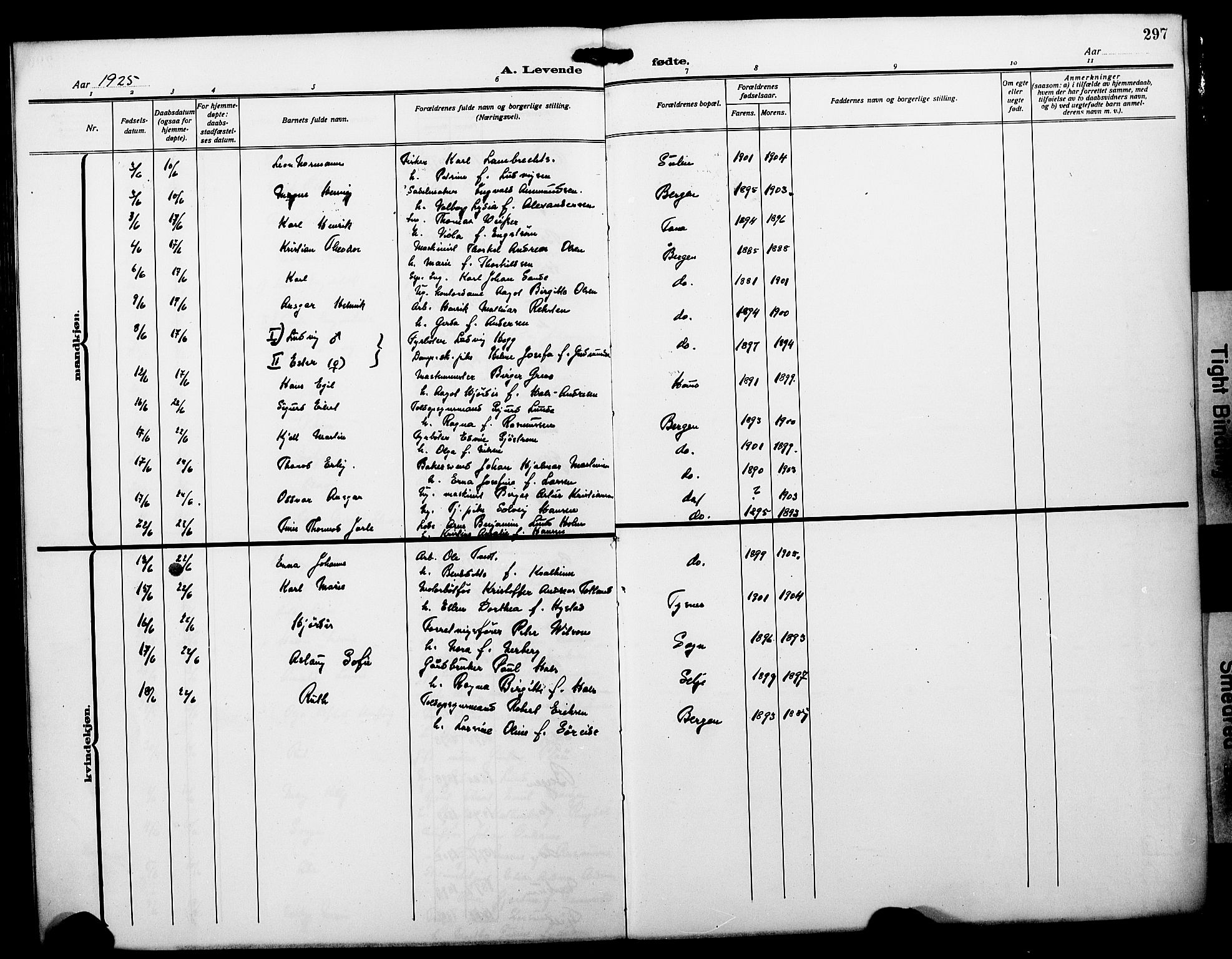 Fødselsstiftelsens sokneprestembete*, SAB/-: Parish register (copy) no. A 3, 1916-1925, p. 297