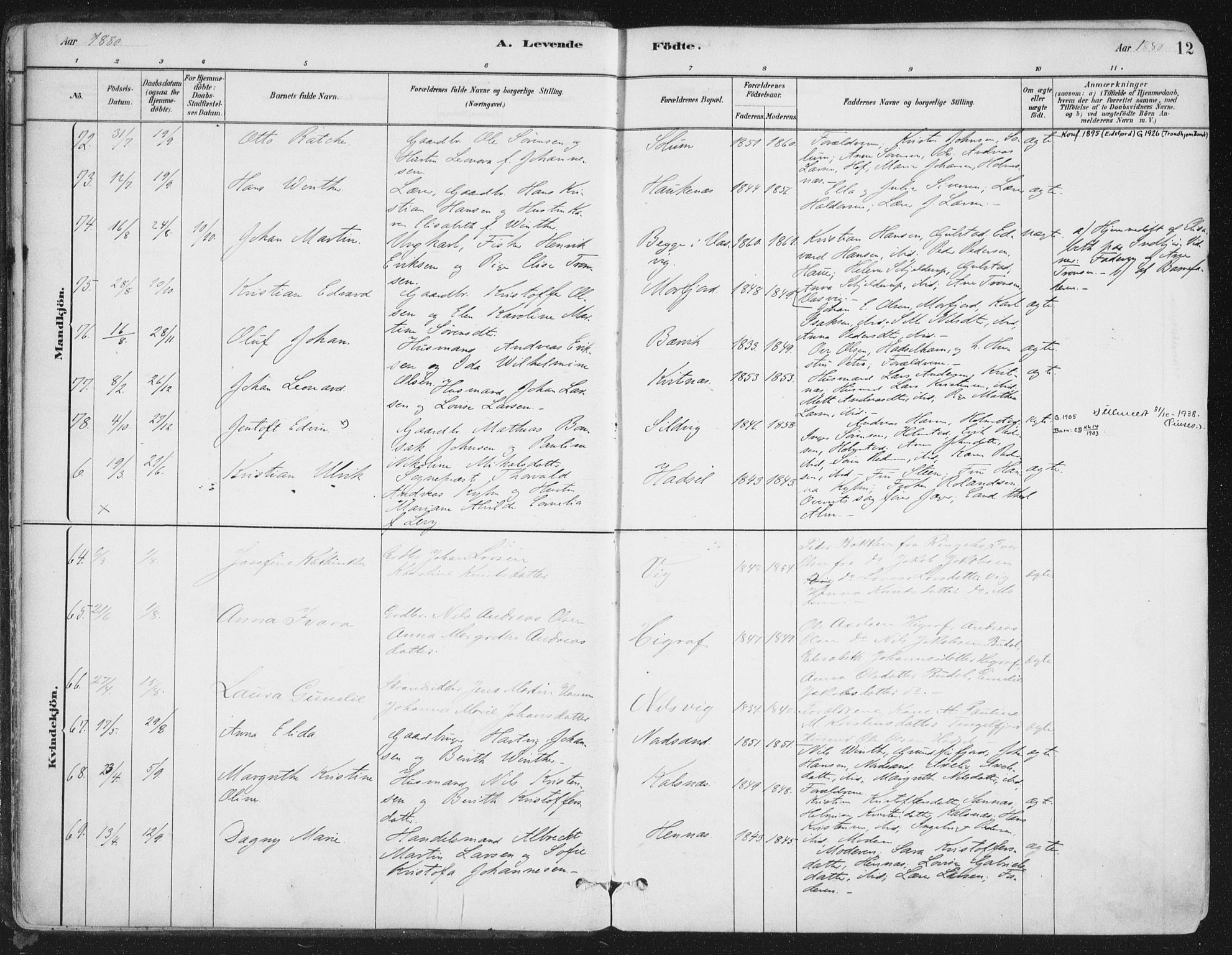 Ministerialprotokoller, klokkerbøker og fødselsregistre - Nordland, SAT/A-1459/888/L1244: Parish register (official) no. 888A10, 1880-1890, p. 12