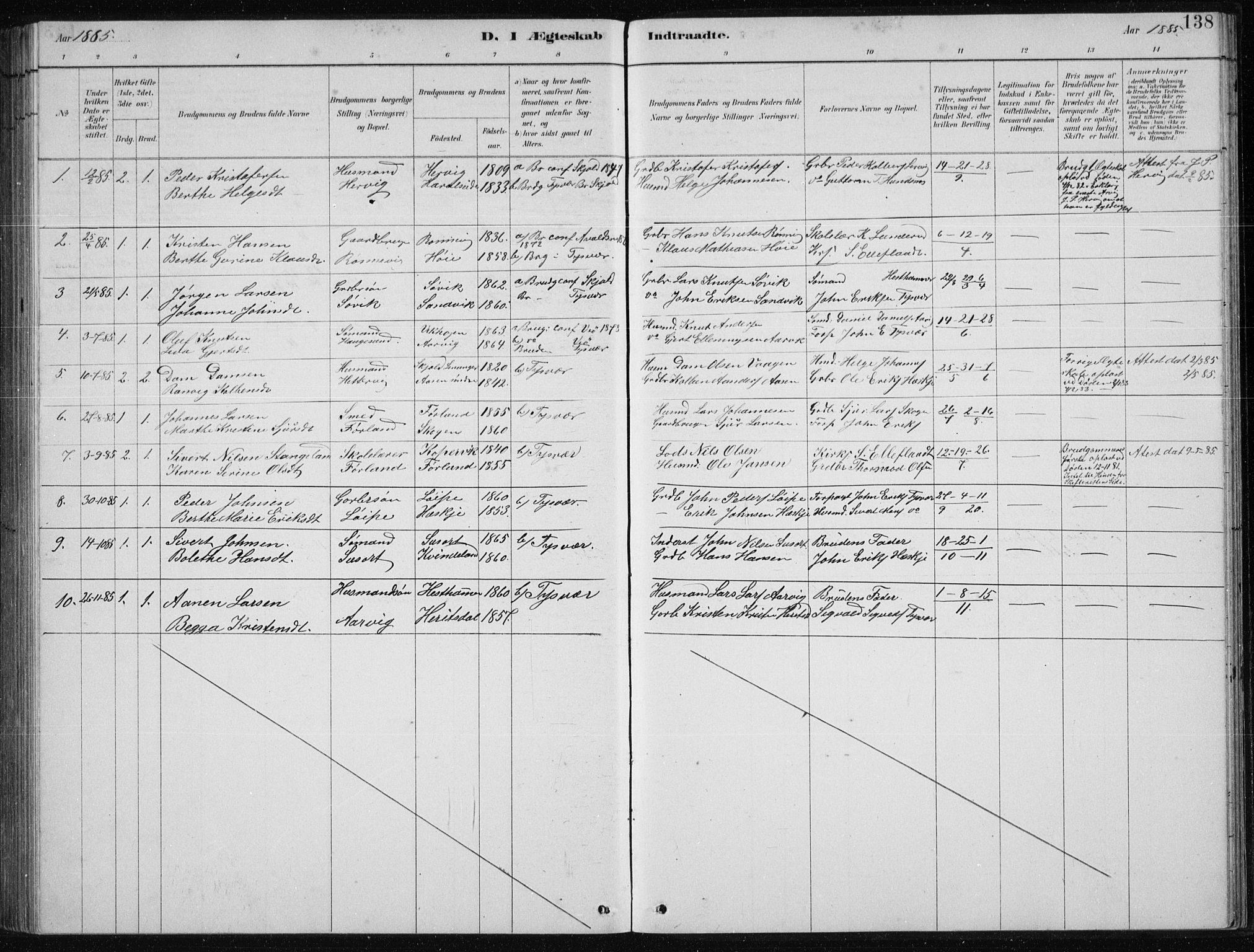 Tysvær sokneprestkontor, SAST/A -101864/H/Ha/Hab/L0004: Parish register (copy) no. B 4, 1883-1896, p. 138