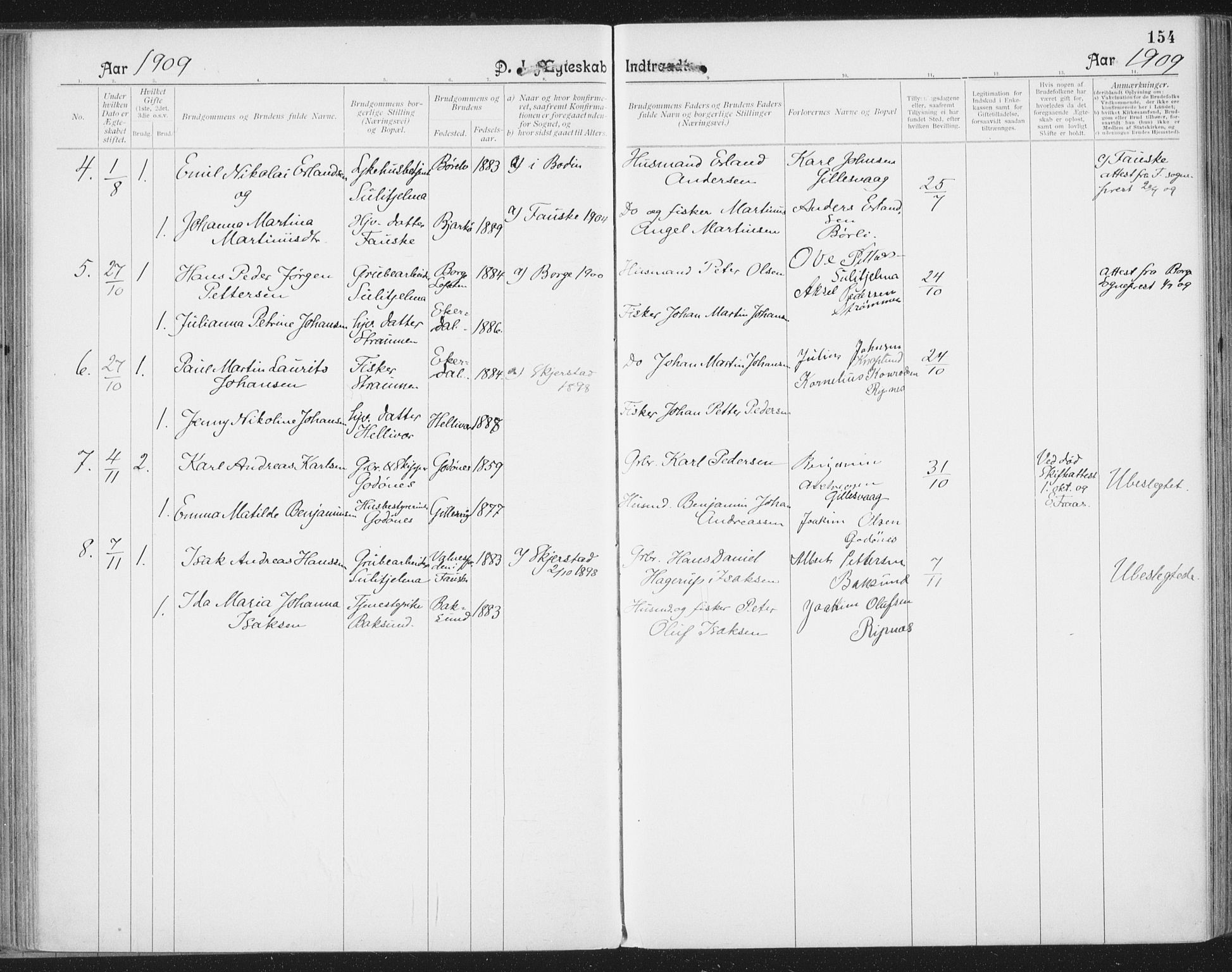 Ministerialprotokoller, klokkerbøker og fødselsregistre - Nordland, AV/SAT-A-1459/804/L0081: Parish register (official) no. 804A02, 1901-1915, p. 154