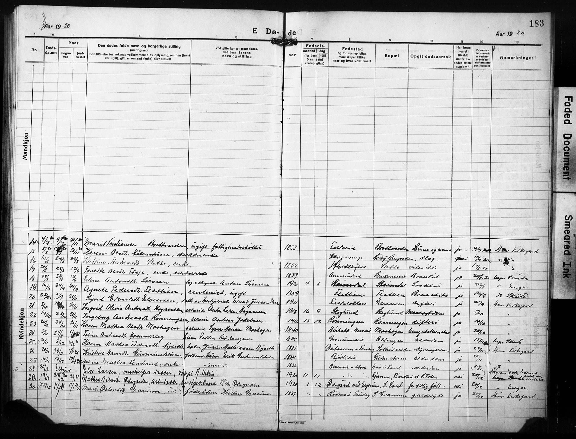 Søndre Land prestekontor, AV/SAH-PREST-122/L/L0007: Parish register (copy) no. 7, 1915-1932, p. 183