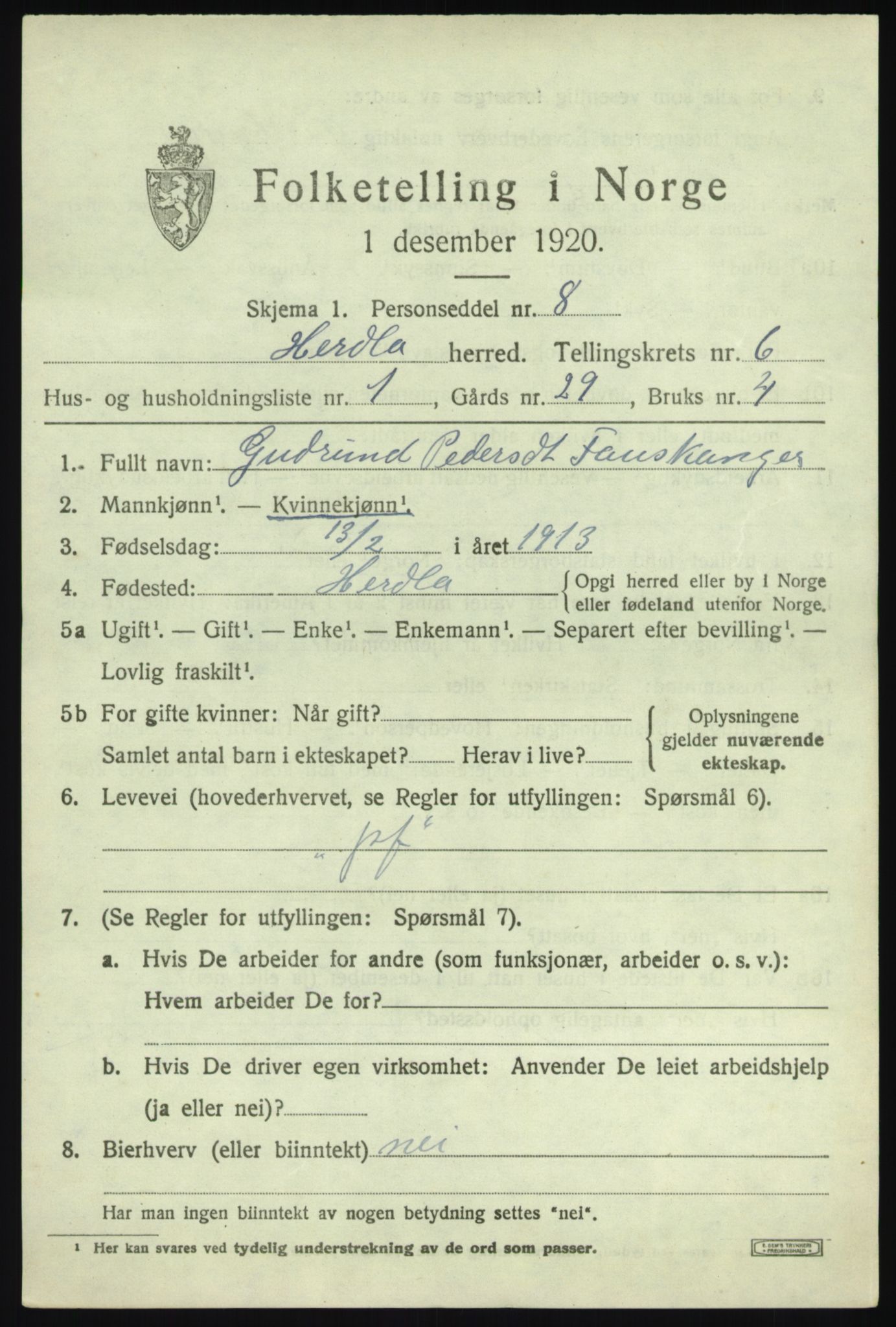 SAB, 1920 census for Herdla, 1920, p. 4373