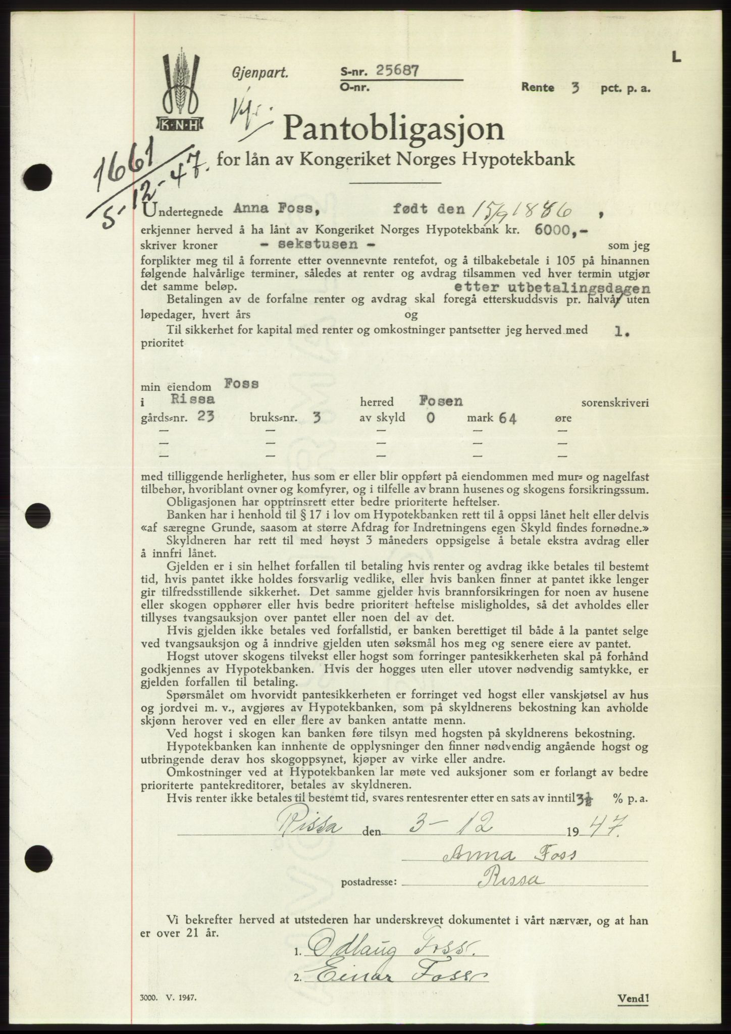 Fosen sorenskriveri, AV/SAT-A-1107/1/2/2C: Mortgage book no. B, 1946-1948, Diary no: : 1661/1947