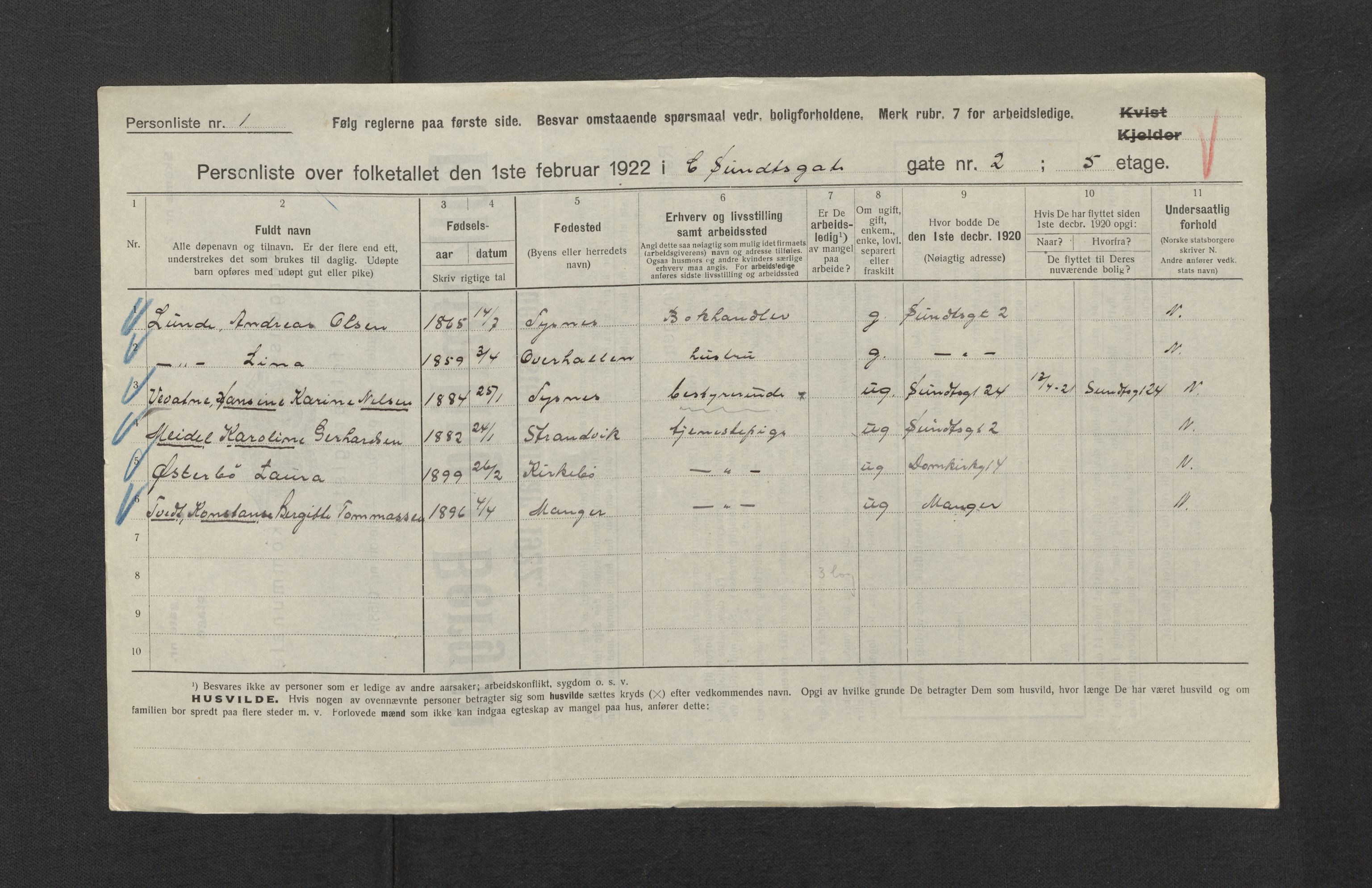 SAB, Municipal Census 1922 for Bergen, 1922, p. 5342