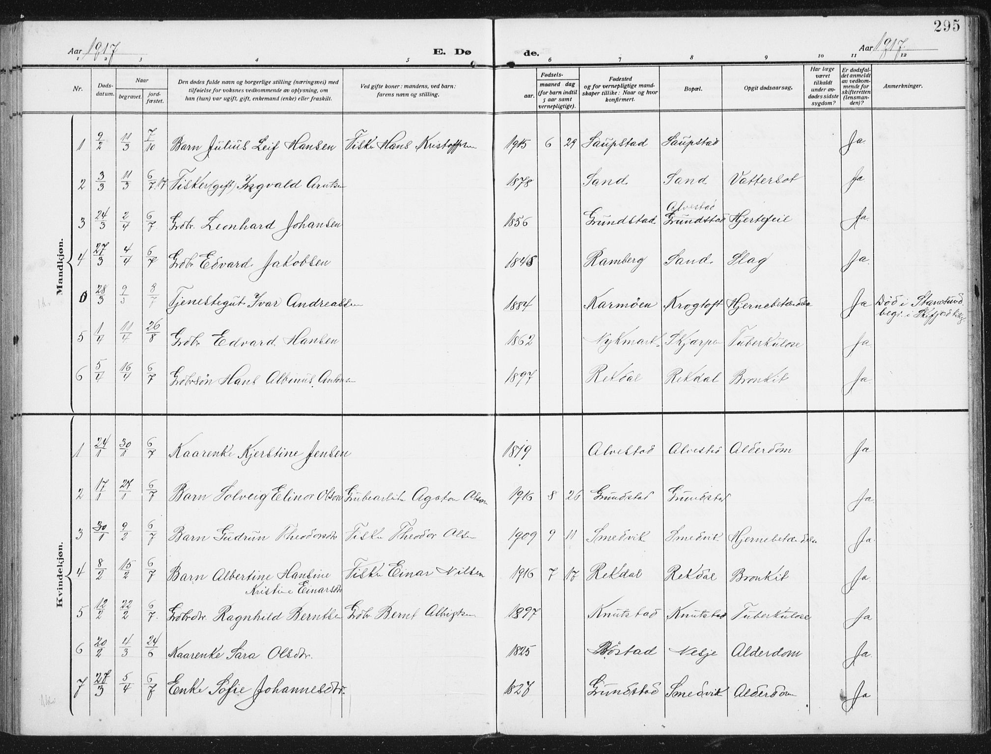 Ministerialprotokoller, klokkerbøker og fødselsregistre - Nordland, SAT/A-1459/880/L1135: Parish register (official) no. 880A09, 1908-1919, p. 295