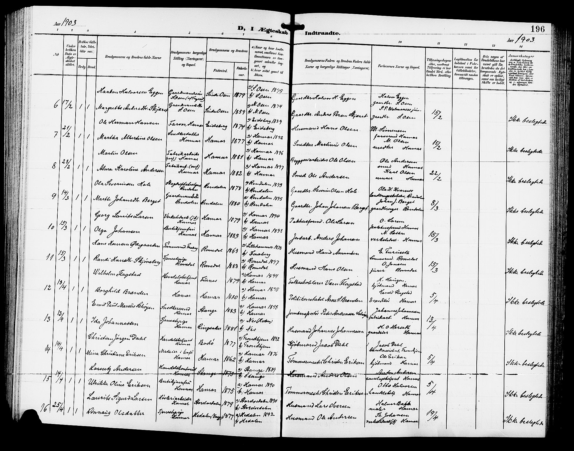 Hamar prestekontor, AV/SAH-DOMPH-002/H/Ha/Hab/L0001: Parish register (copy) no. 1, 1899-1914, p. 196