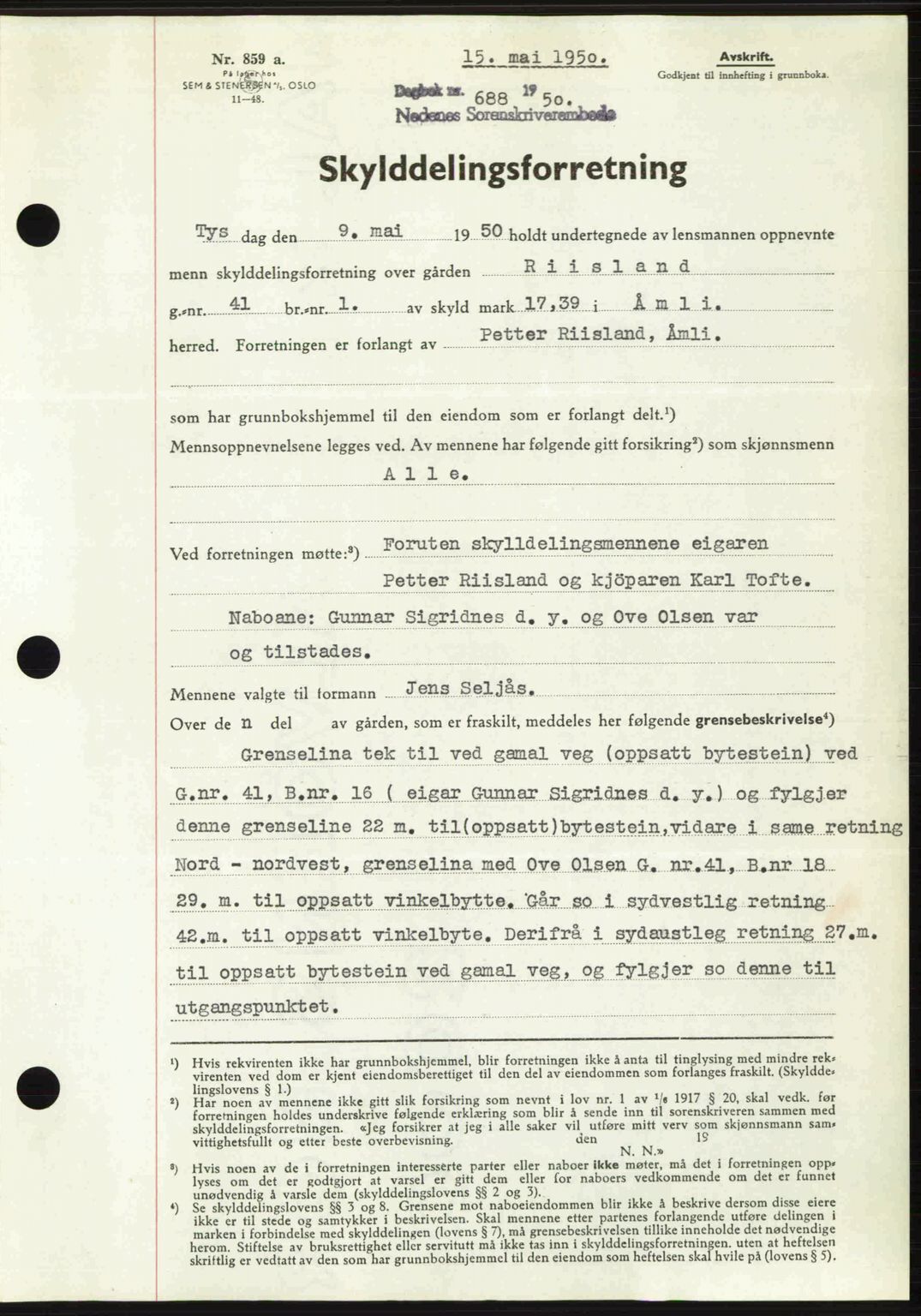 Nedenes sorenskriveri, AV/SAK-1221-0006/G/Gb/Gba/L0062: Mortgage book no. A14, 1949-1950, Diary no: : 688/1950