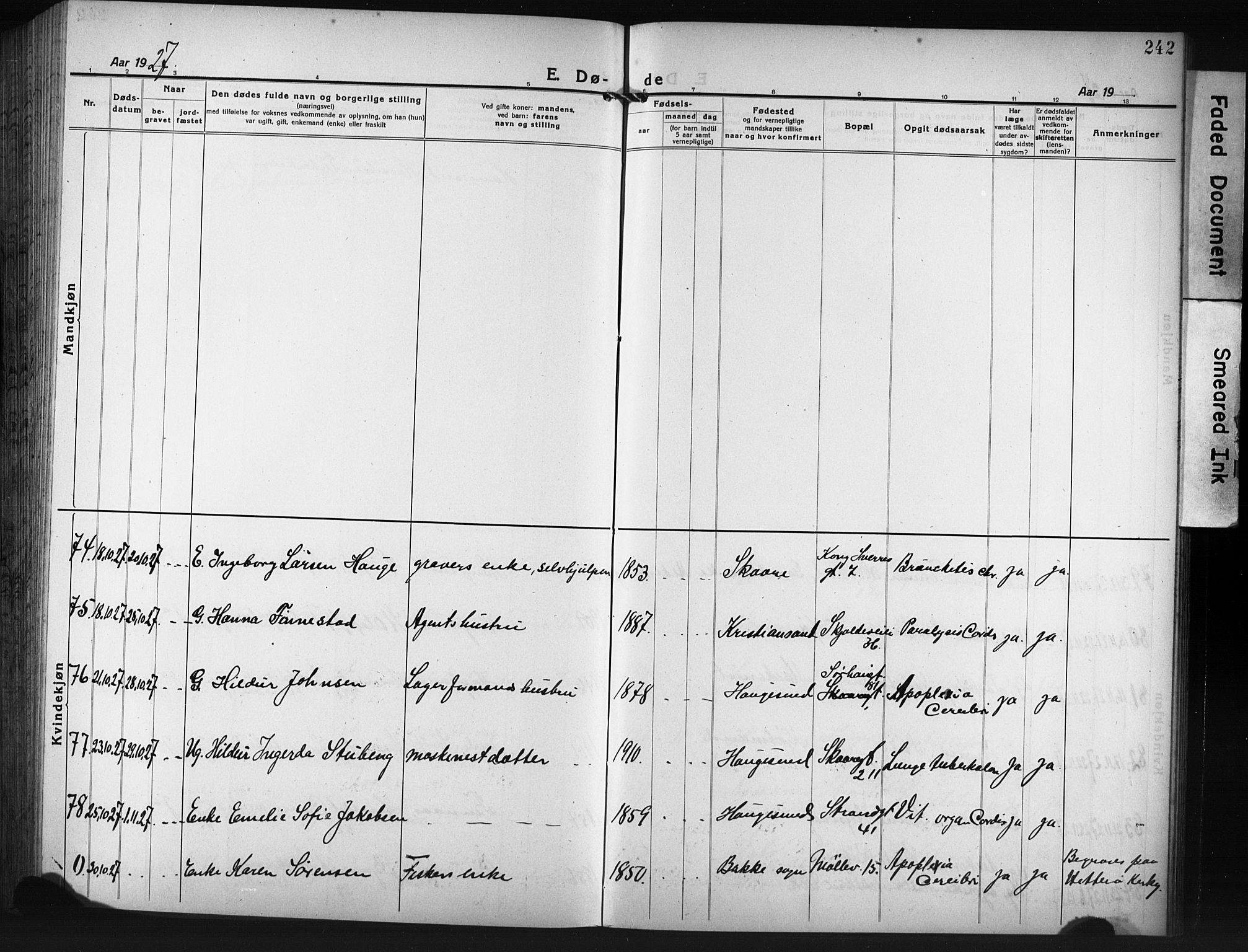 Haugesund sokneprestkontor, AV/SAST-A -101863/H/Ha/Hab/L0010: Parish register (copy) no. B 10, 1920-1931, p. 242