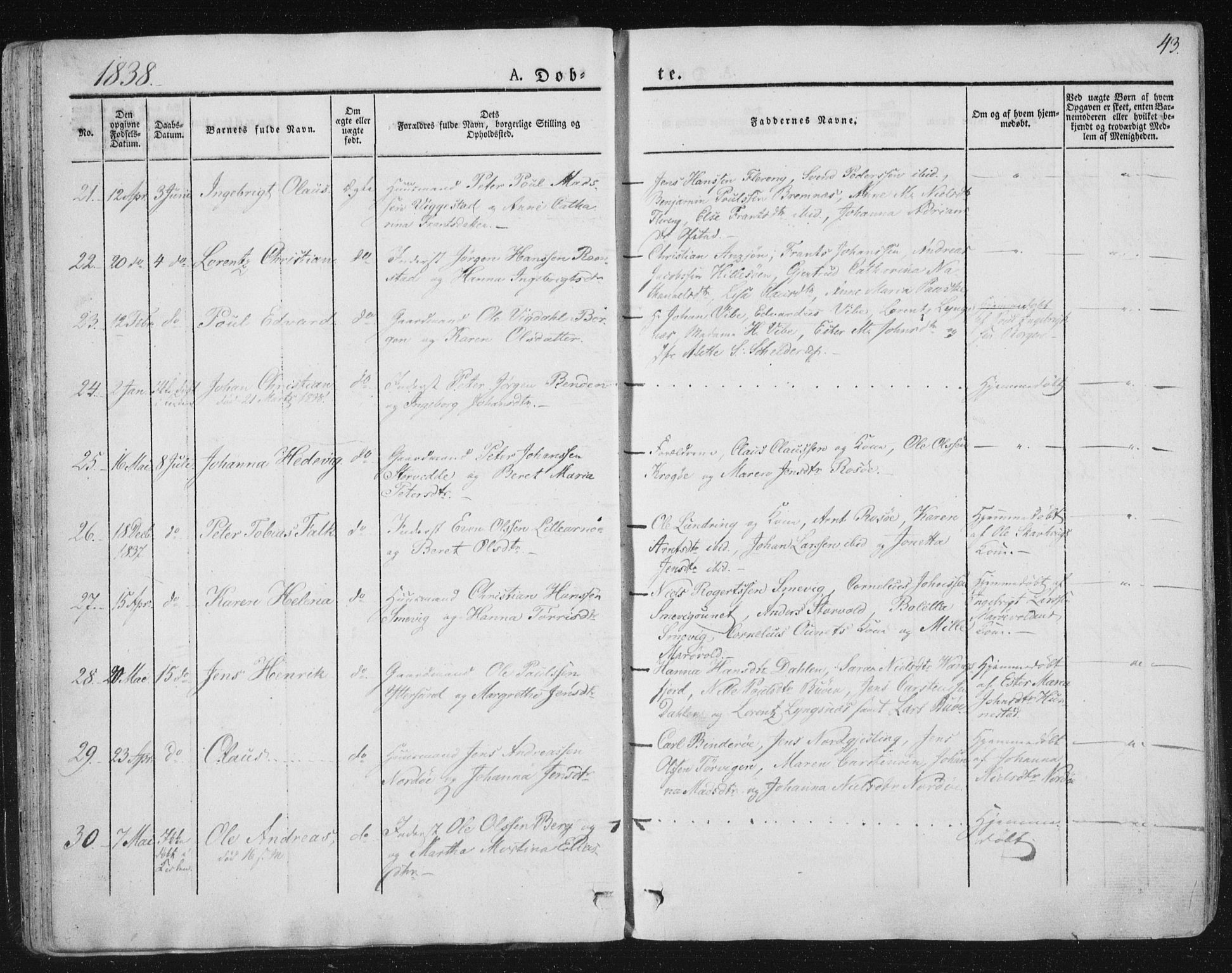 Ministerialprotokoller, klokkerbøker og fødselsregistre - Nord-Trøndelag, SAT/A-1458/784/L0669: Parish register (official) no. 784A04, 1829-1859, p. 43