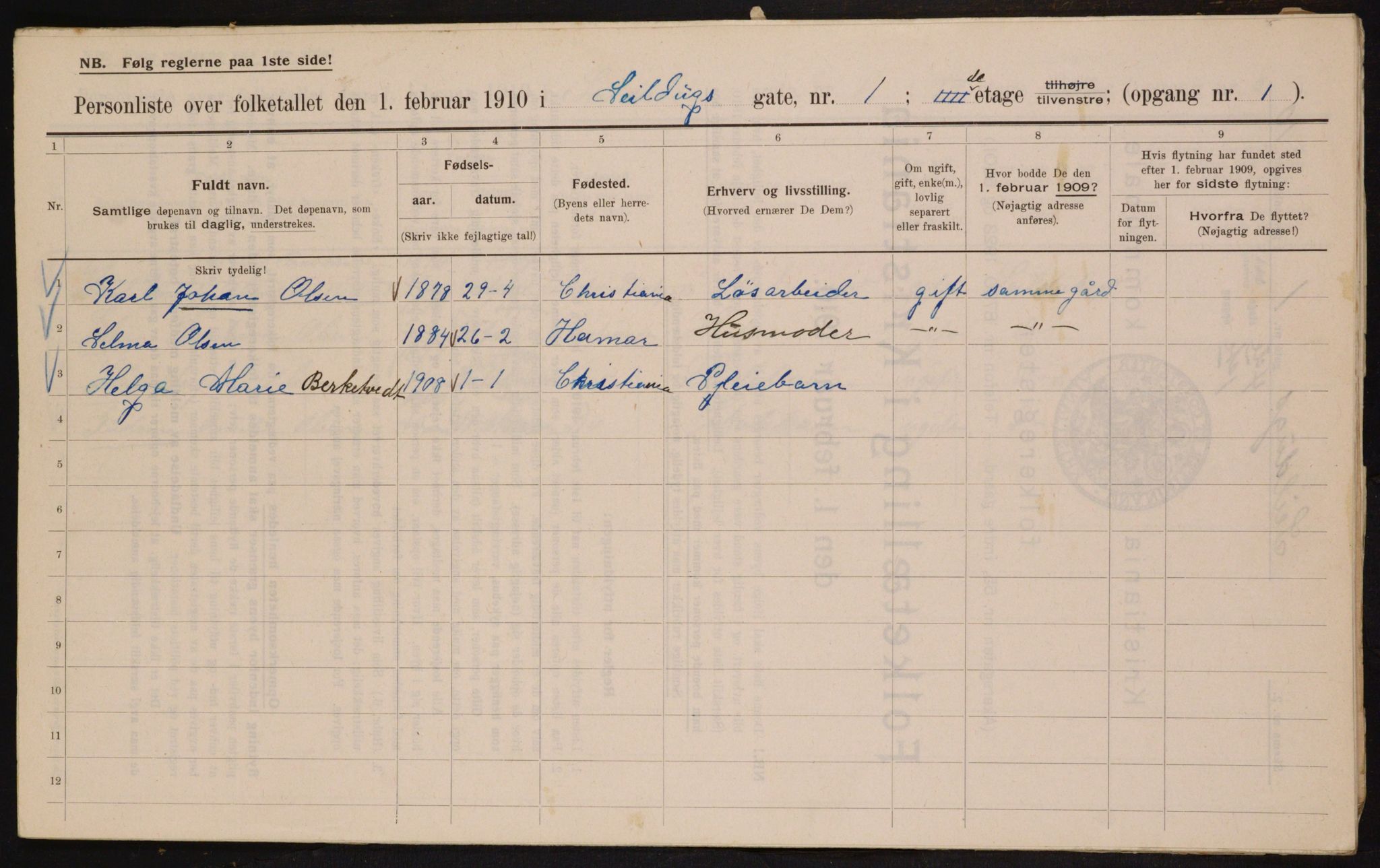 OBA, Municipal Census 1910 for Kristiania, 1910, p. 89609