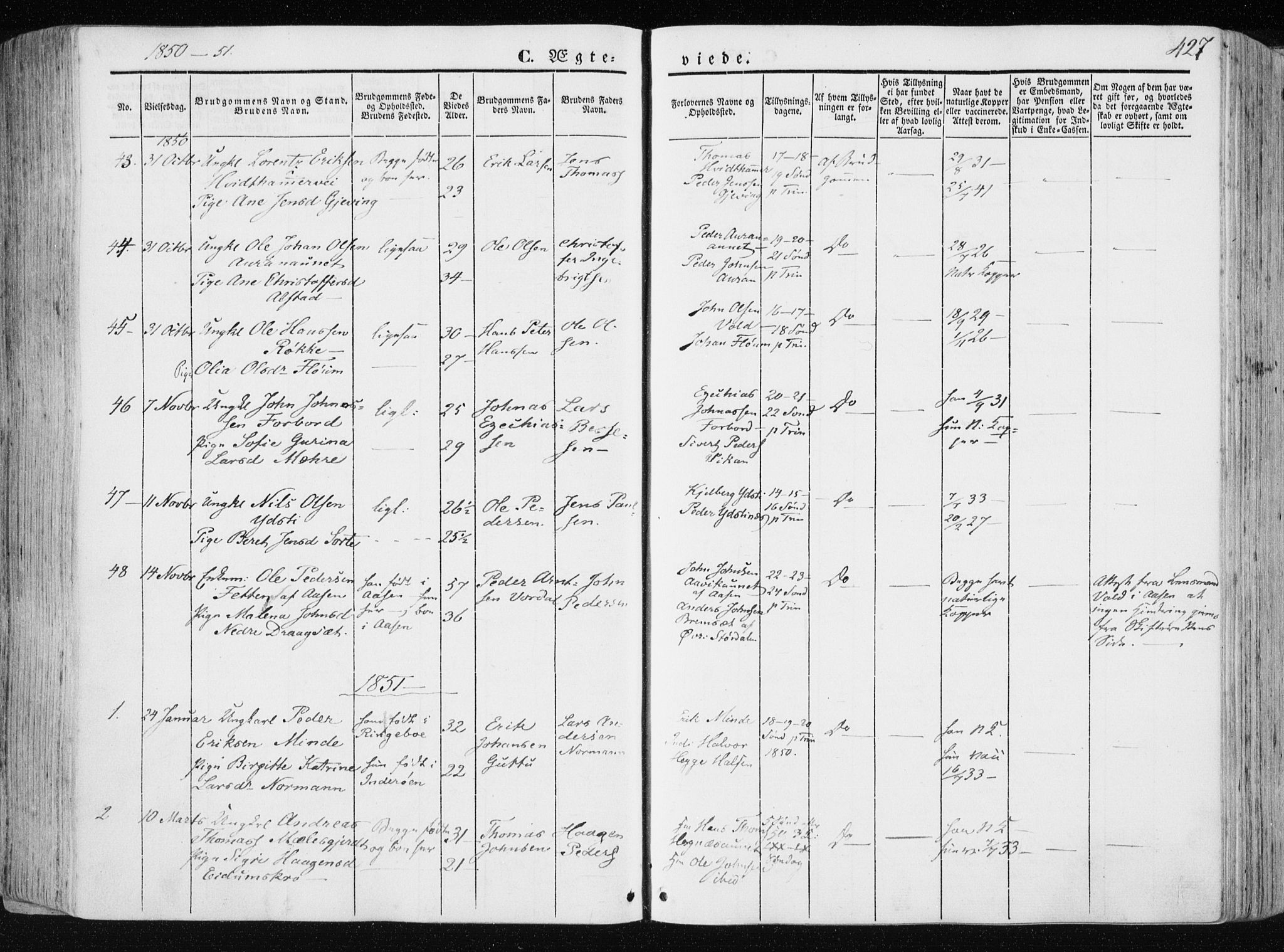 Ministerialprotokoller, klokkerbøker og fødselsregistre - Nord-Trøndelag, SAT/A-1458/709/L0074: Parish register (official) no. 709A14, 1845-1858, p. 427