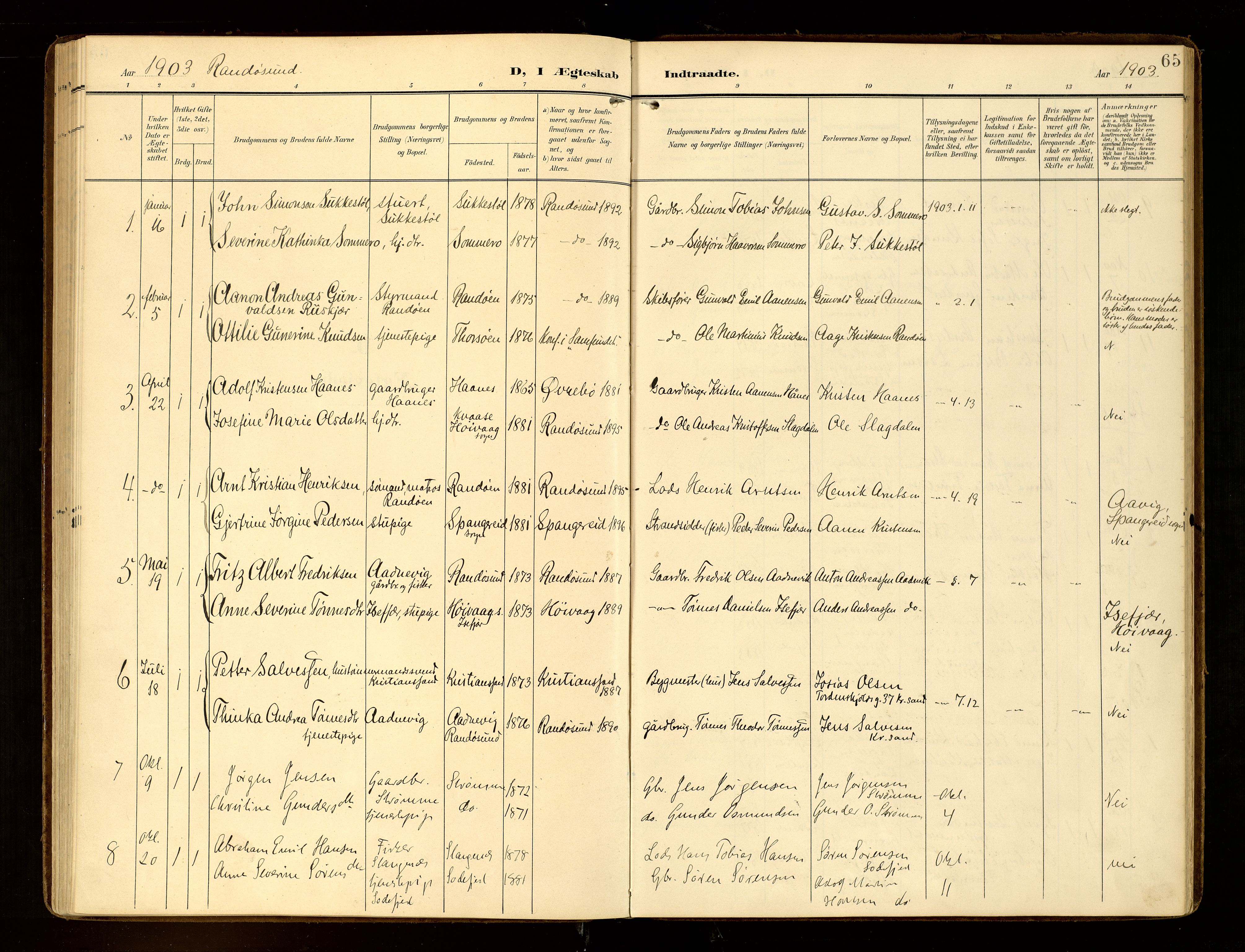 Oddernes sokneprestkontor, SAK/1111-0033/F/Fa/Fab/L0003: Parish register (official) no. A 3, 1903-1916, p. 65