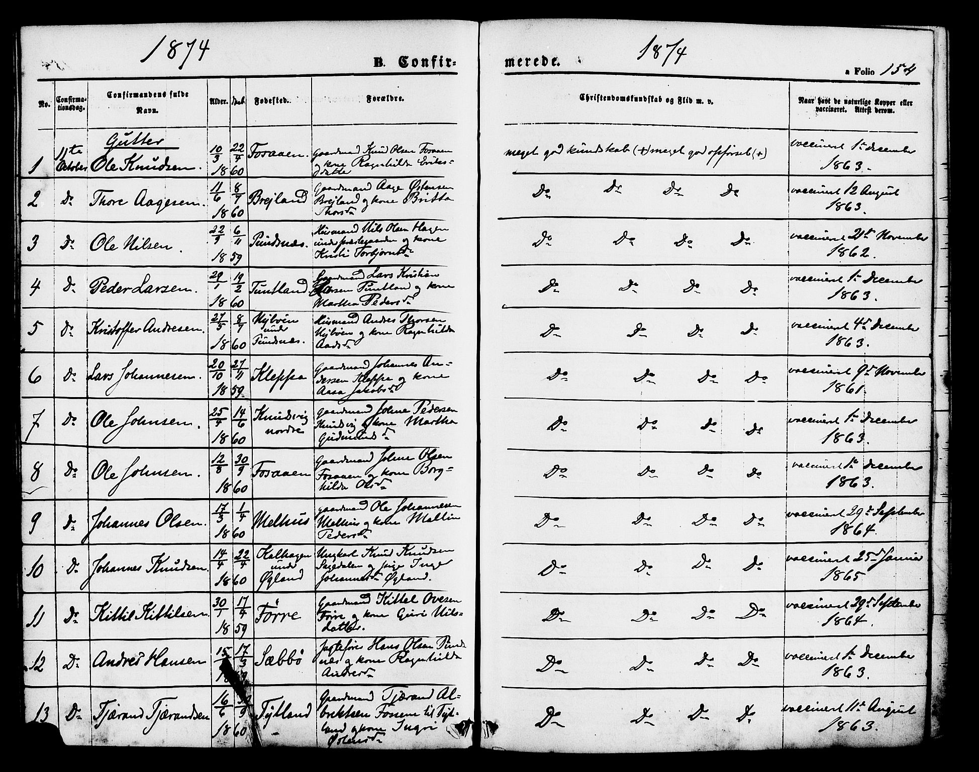 Hjelmeland sokneprestkontor, AV/SAST-A-101843/01/IV/L0011: Parish register (official) no. A 11, 1861-1878, p. 154