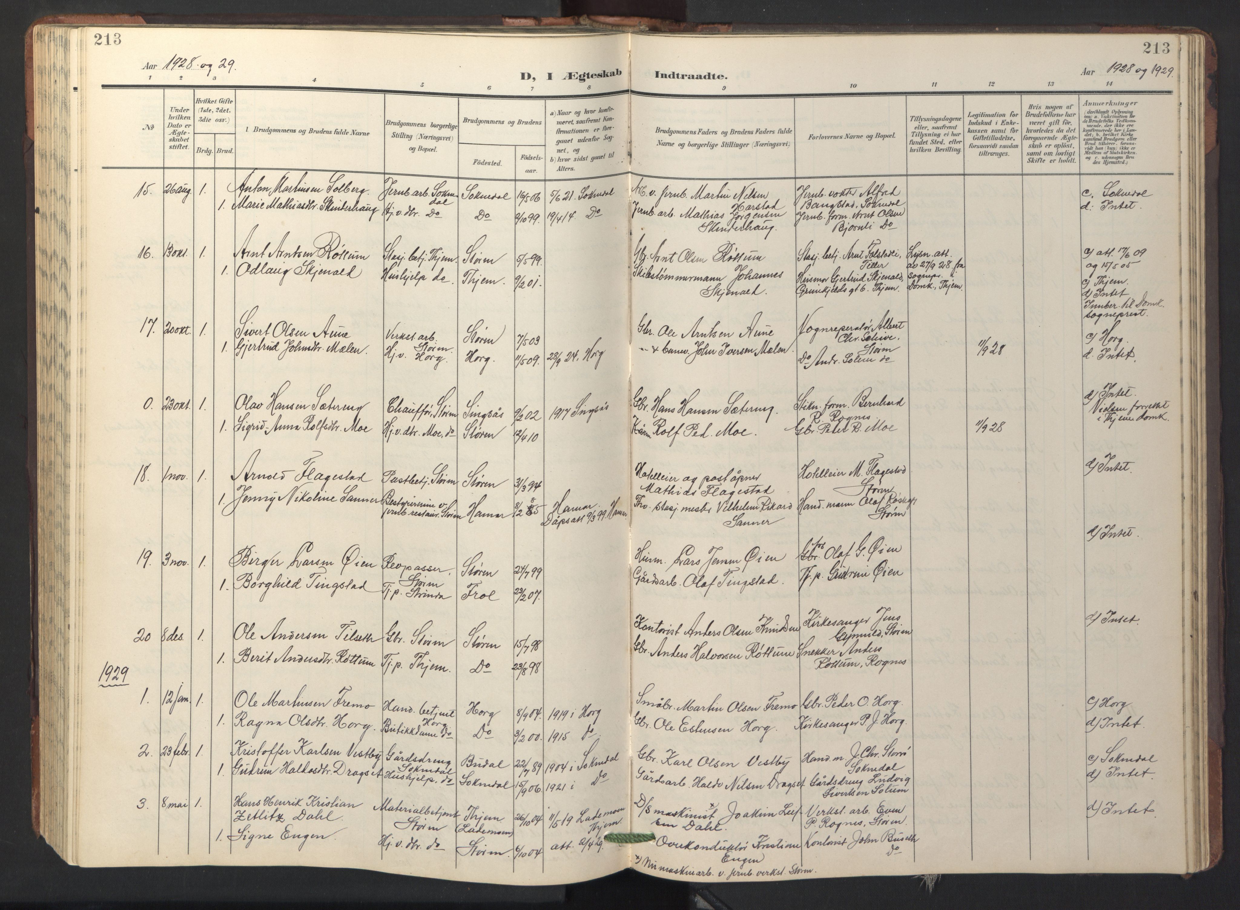 Ministerialprotokoller, klokkerbøker og fødselsregistre - Sør-Trøndelag, SAT/A-1456/687/L1019: Parish register (copy) no. 687C03, 1904-1931, p. 213