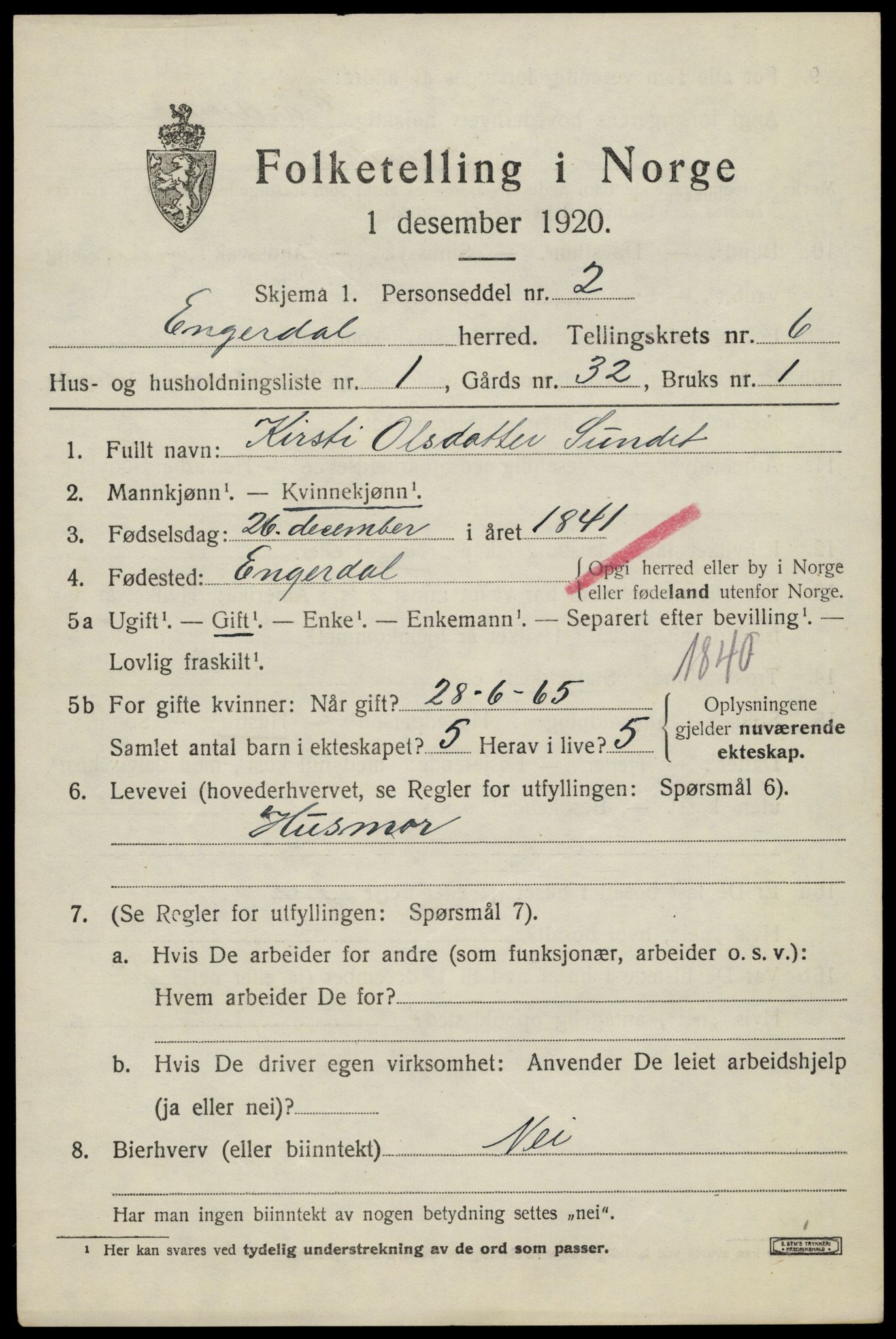 SAH, 1920 census for Engerdal, 1920, p. 2751