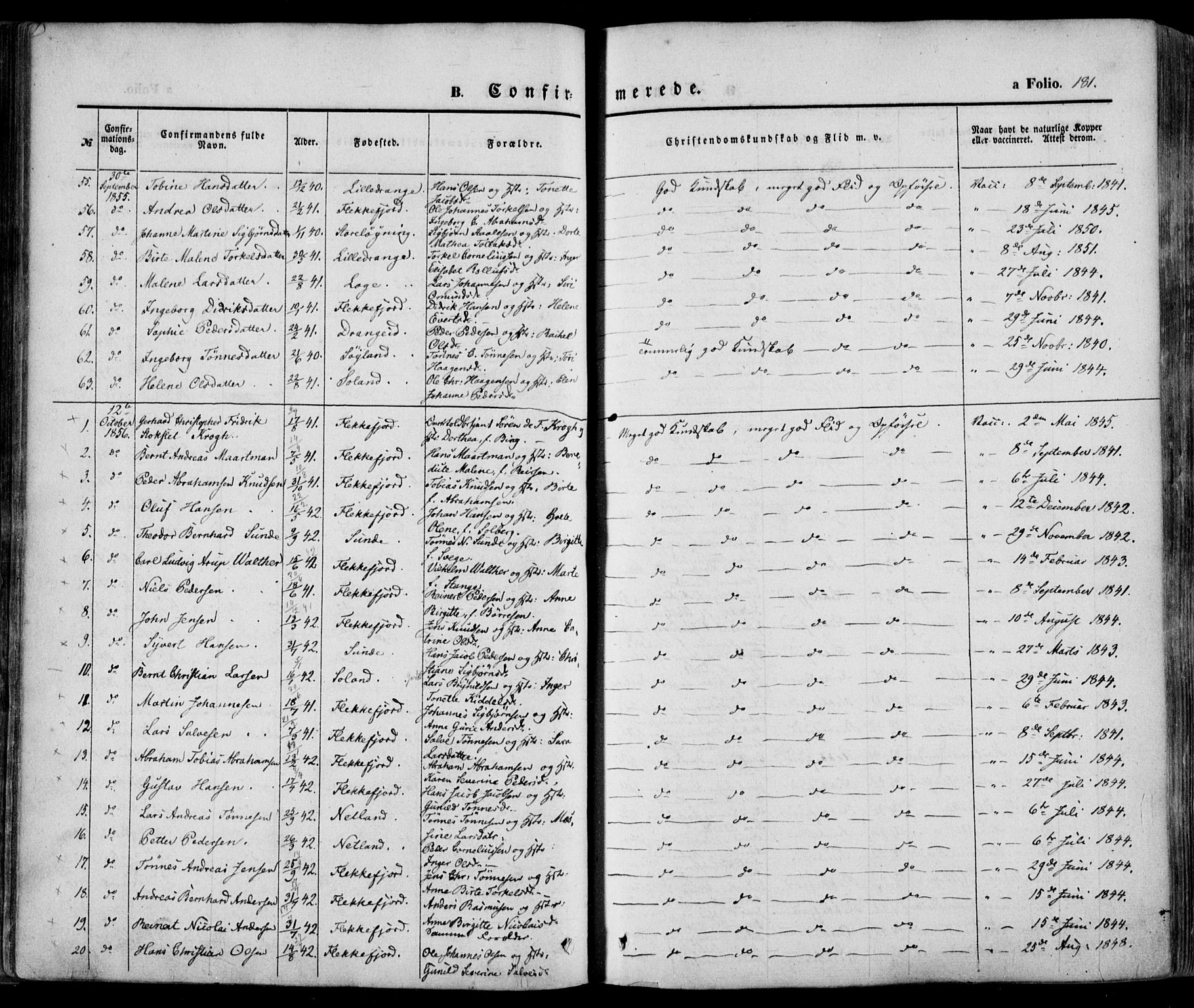 Flekkefjord sokneprestkontor, SAK/1111-0012/F/Fa/Fac/L0005: Parish register (official) no. A 5, 1849-1875, p. 181