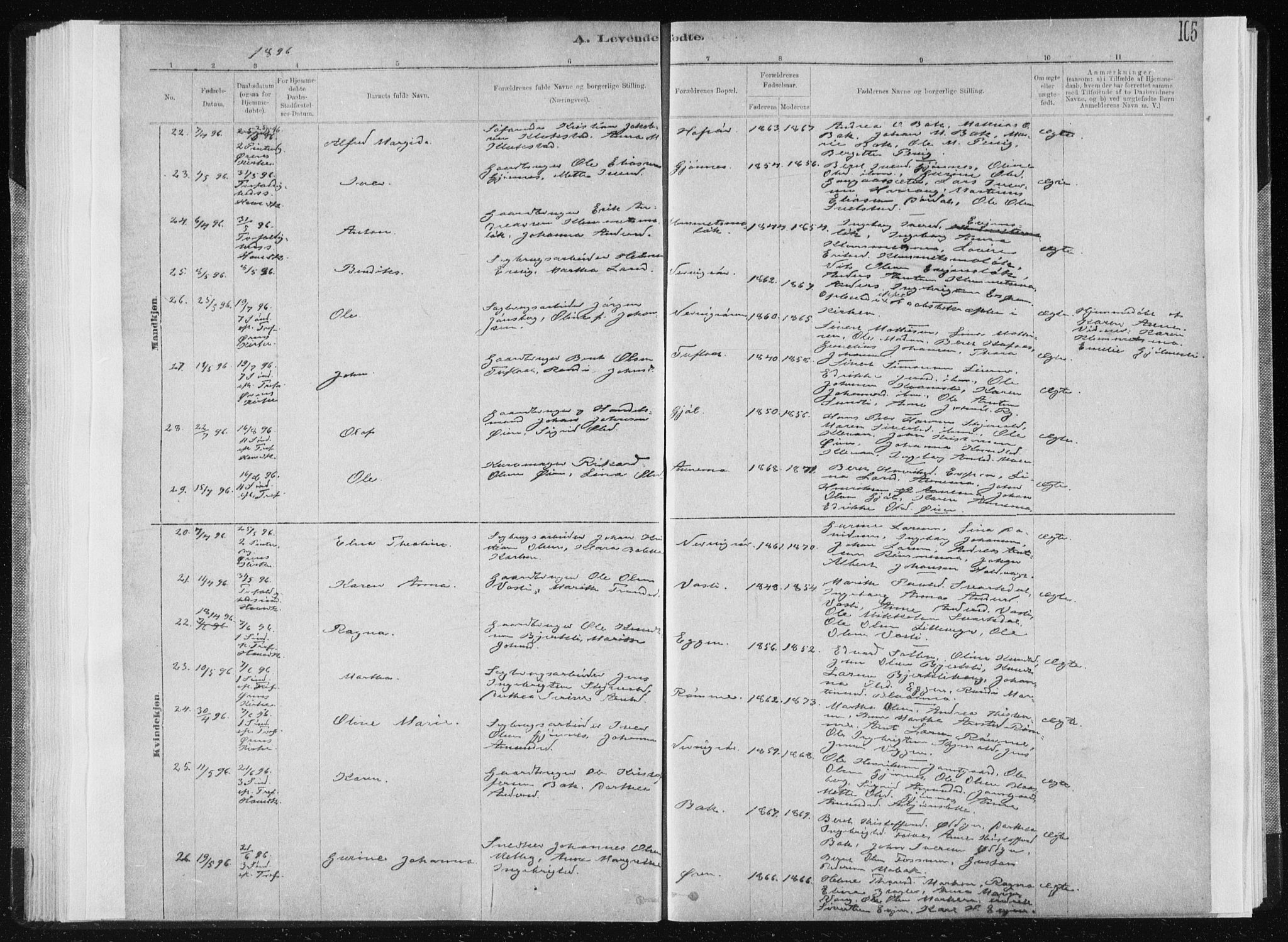 Ministerialprotokoller, klokkerbøker og fødselsregistre - Sør-Trøndelag, AV/SAT-A-1456/668/L0818: Parish register (copy) no. 668C07, 1885-1898, p. 105