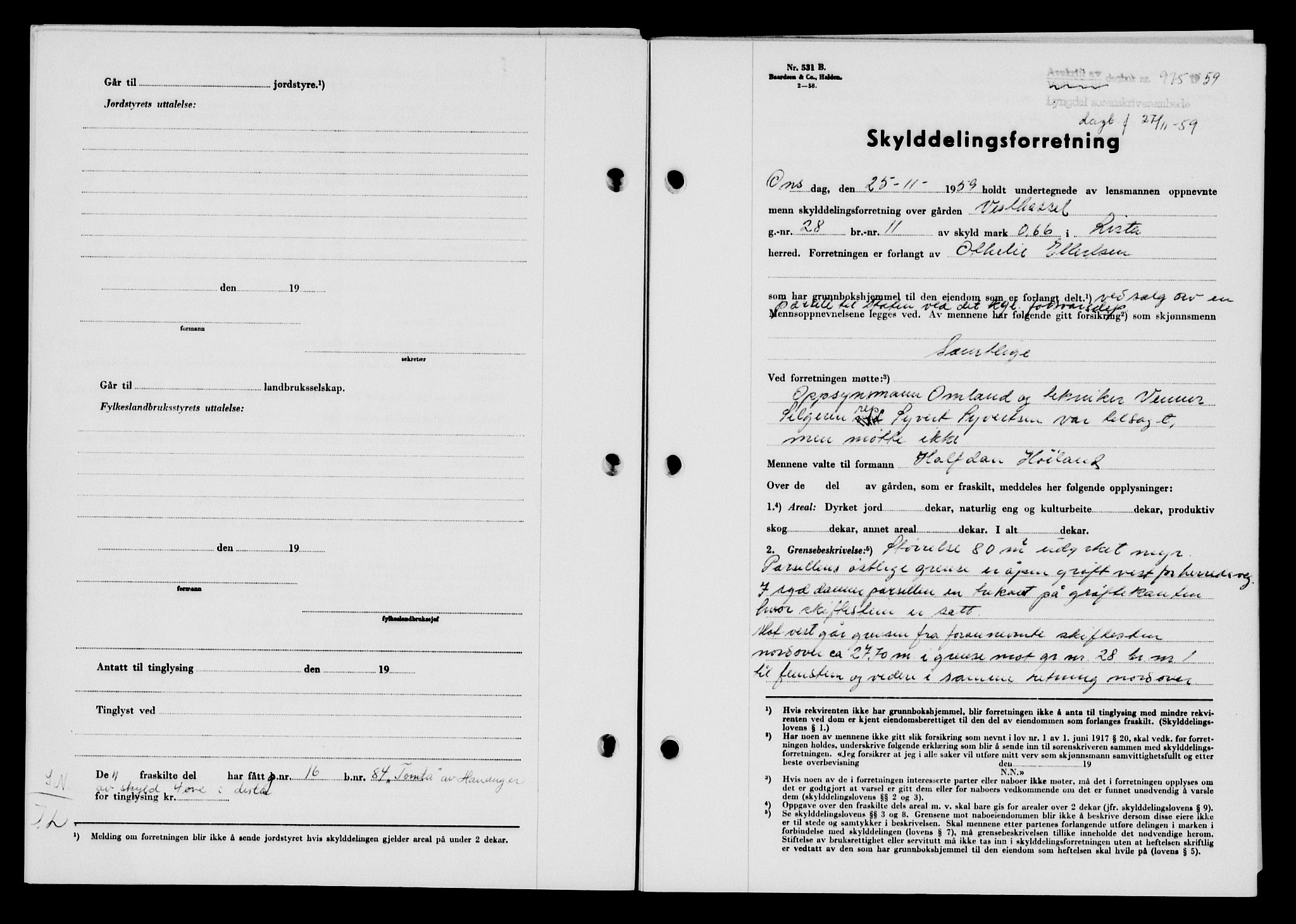 Lyngdal sorenskriveri, AV/SAK-1221-0004/G/Gb/L0679: Mortgage book no. A XXV, 1959-1960, Diary no: : 975/1959