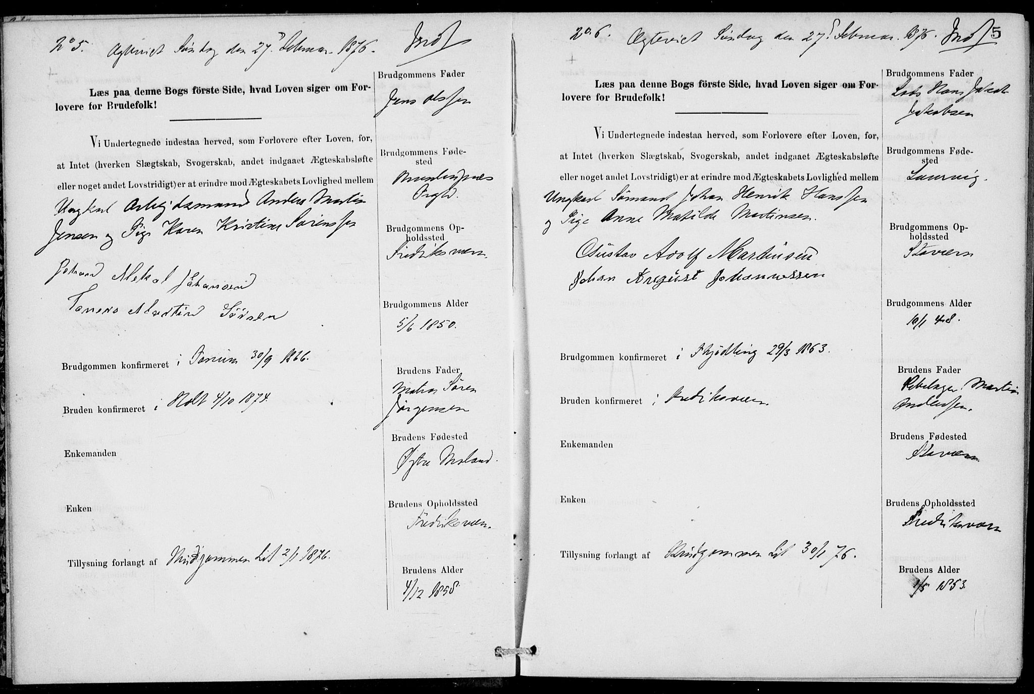 Stavern kirkebøker, SAKO/A-318/H/Ha/L0001: Banns register no. 1, 1875-1918, p. 5
