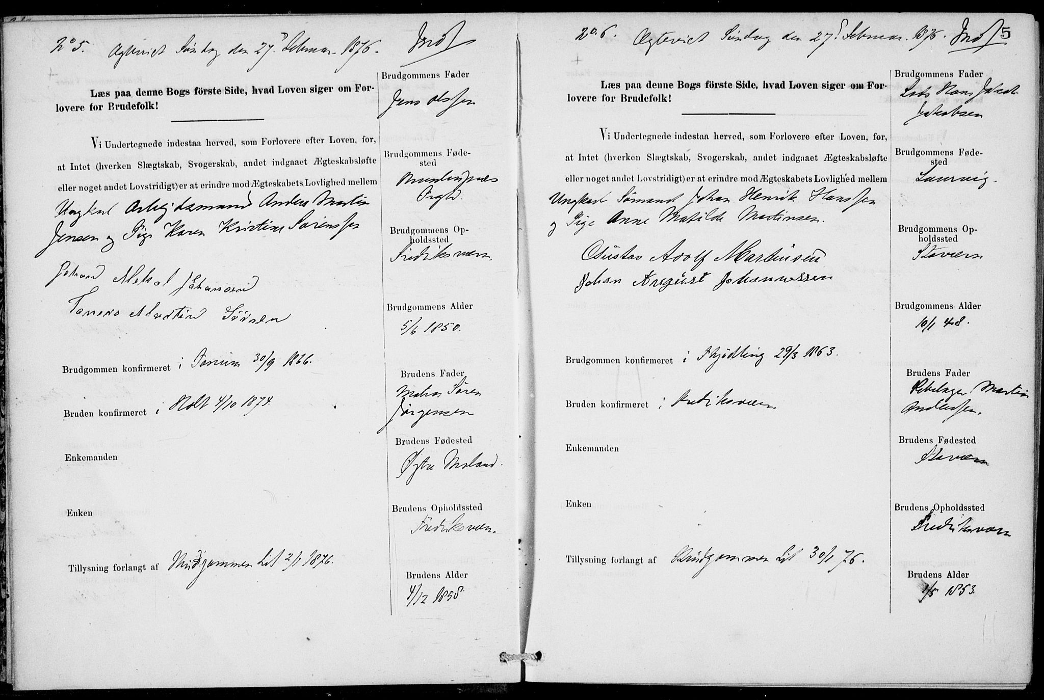 Stavern kirkebøker, AV/SAKO-A-318/H/Ha/L0001: Banns register no. 1, 1875-1918, p. 5