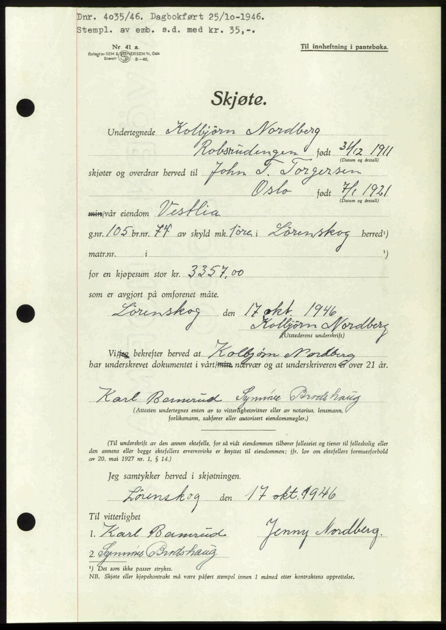 Nedre Romerike sorenskriveri, AV/SAO-A-10469/G/Gb/Gbd/L0017: Mortgage book no. 17, 1946-1946, Diary no: : 4035/1946