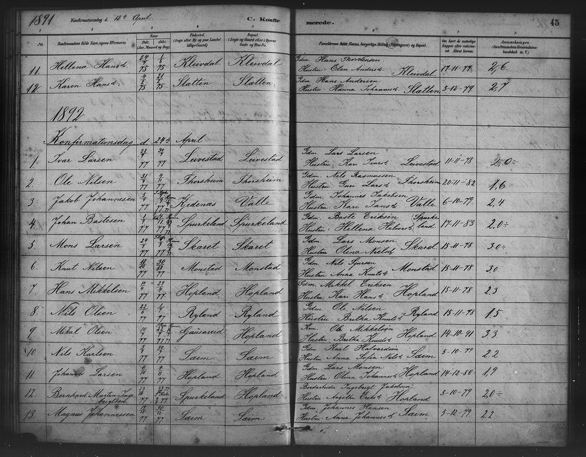 Alversund Sokneprestembete, AV/SAB-A-73901/H/Ha/Haa/Haad/L0001: Parish register (official) no. D 1, 1880-1898, p. 45