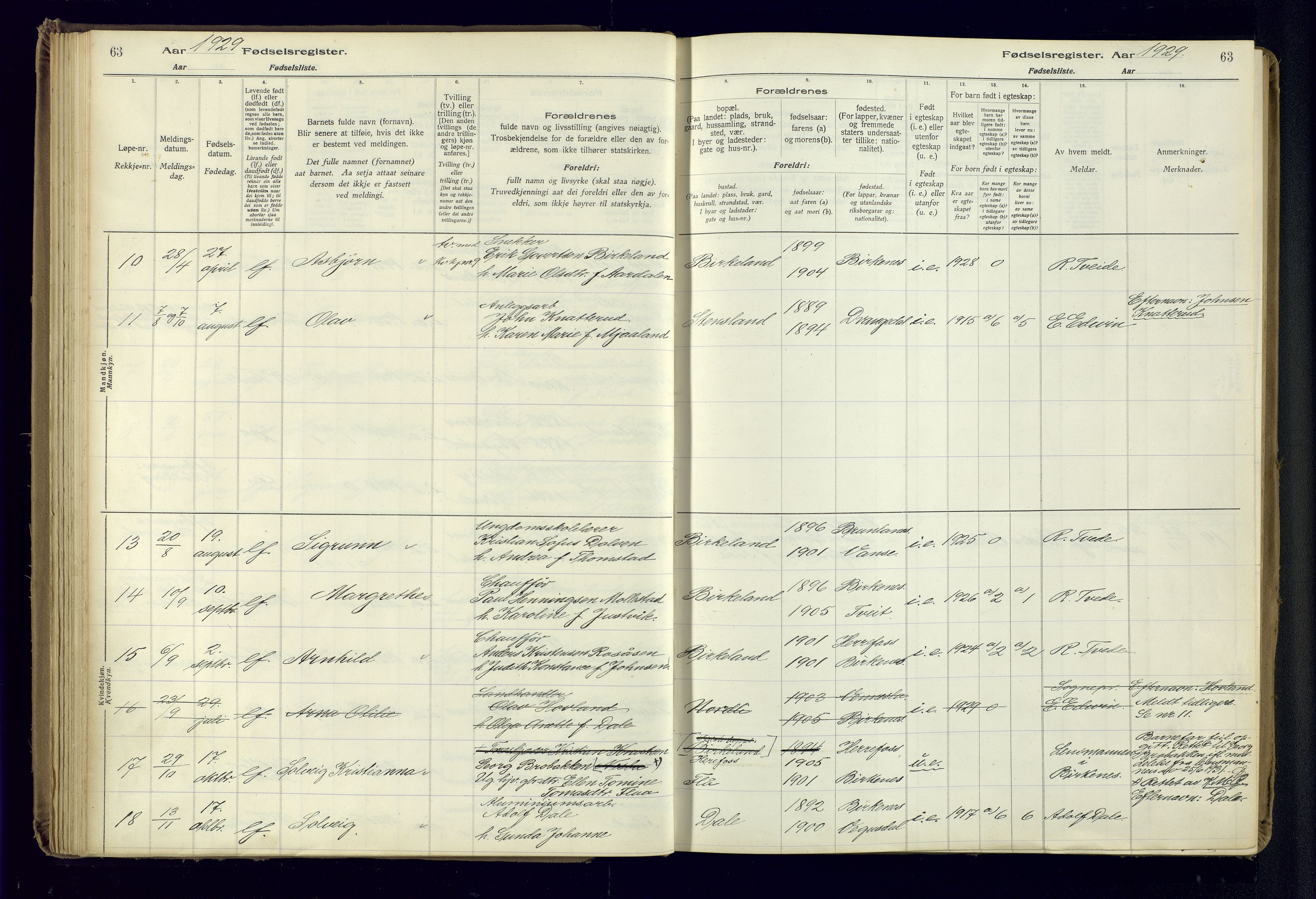 Birkenes sokneprestkontor, AV/SAK-1111-0004/J/Ja/L0001: Birth register no. II.6.4, 1916-1962, p. 63