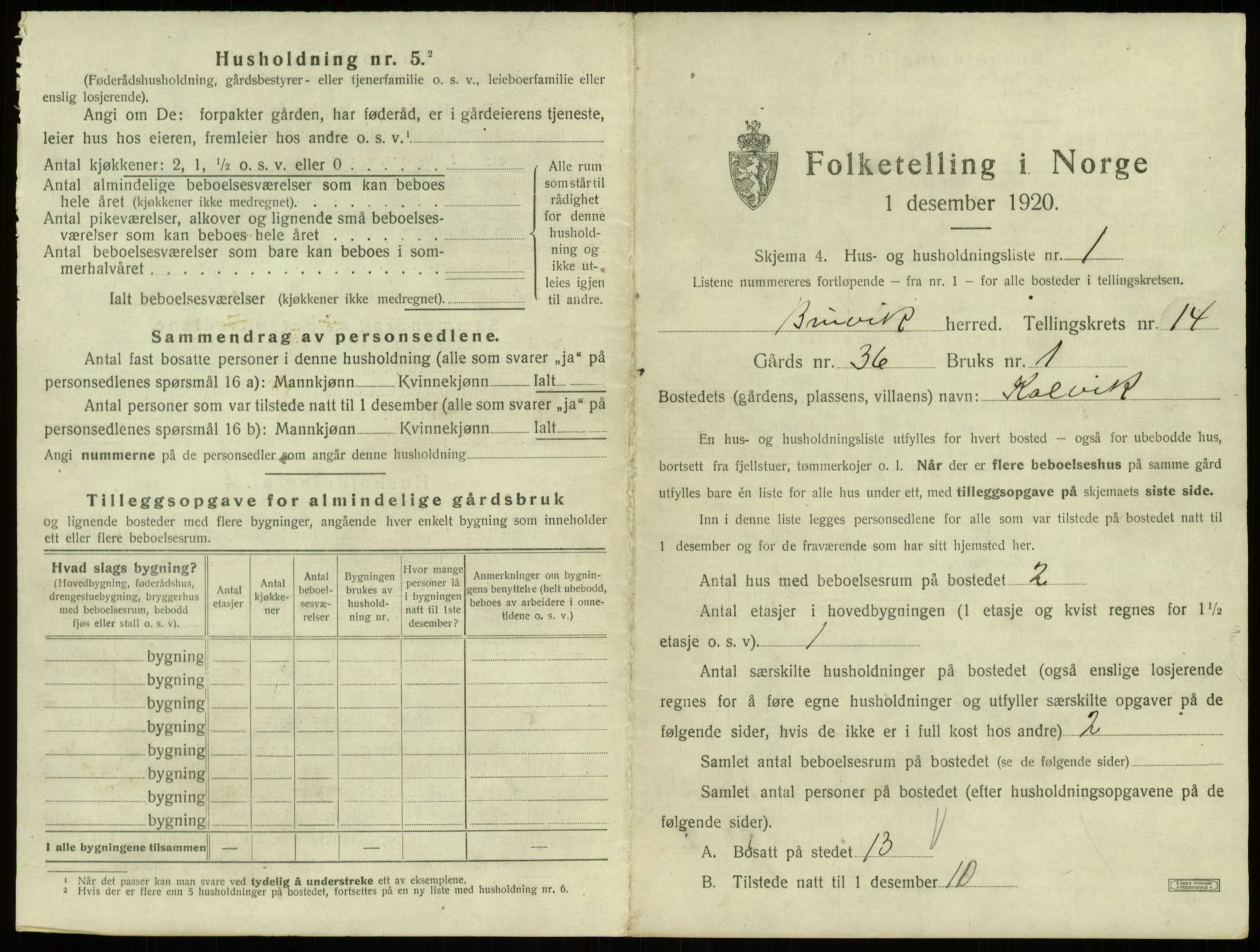 SAB, 1920 census for Bruvik, 1920, p. 940