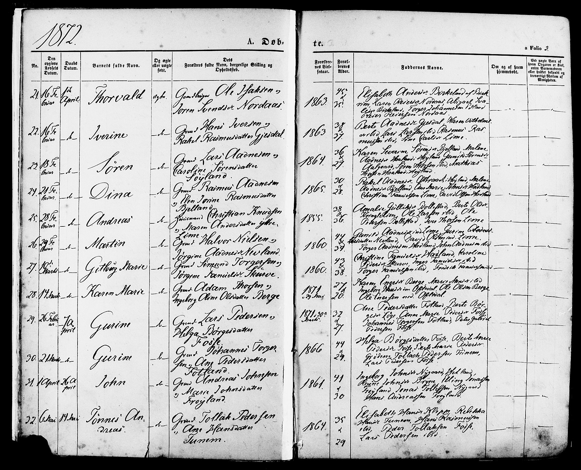 Lye sokneprestkontor, AV/SAST-A-101794/001/30BA/L0008: Parish register (official) no. A 7, 1872-1881, p. 3