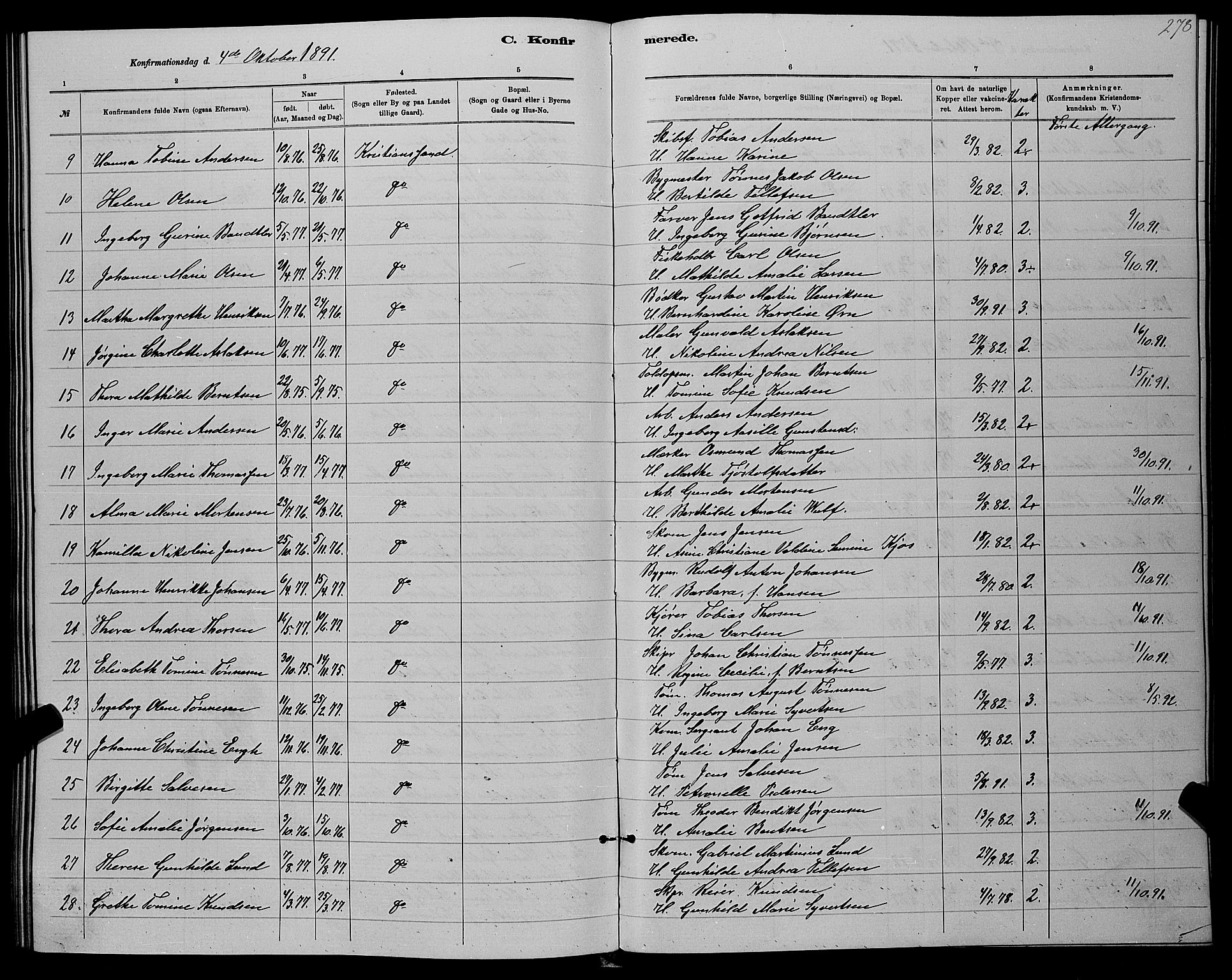 Kristiansand domprosti, AV/SAK-1112-0006/F/Fb/L0016: Parish register (copy) no. B 16, 1881-1893, p. 278