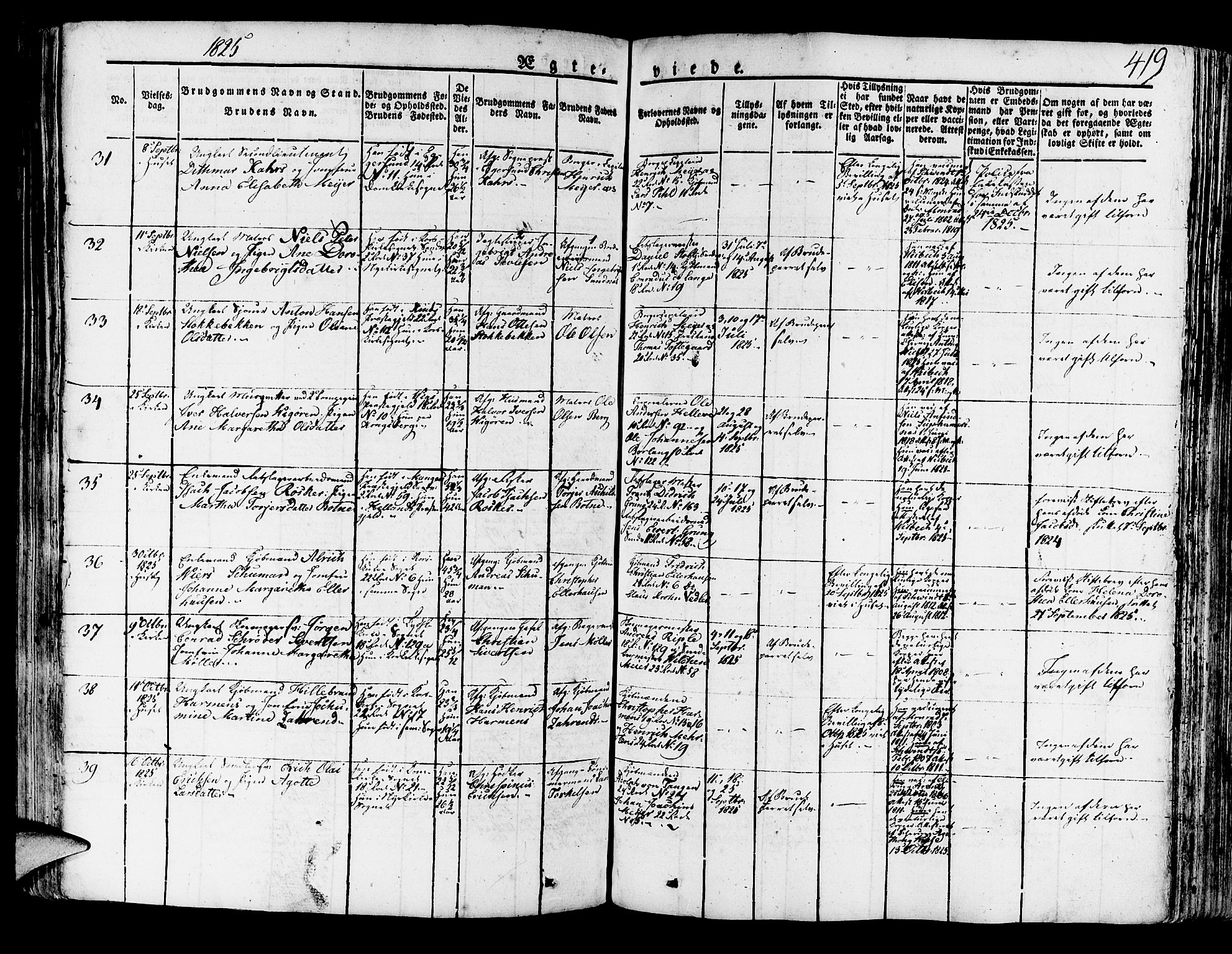 Korskirken sokneprestembete, AV/SAB-A-76101/H/Haa/L0014: Parish register (official) no. A 14, 1823-1835, p. 419