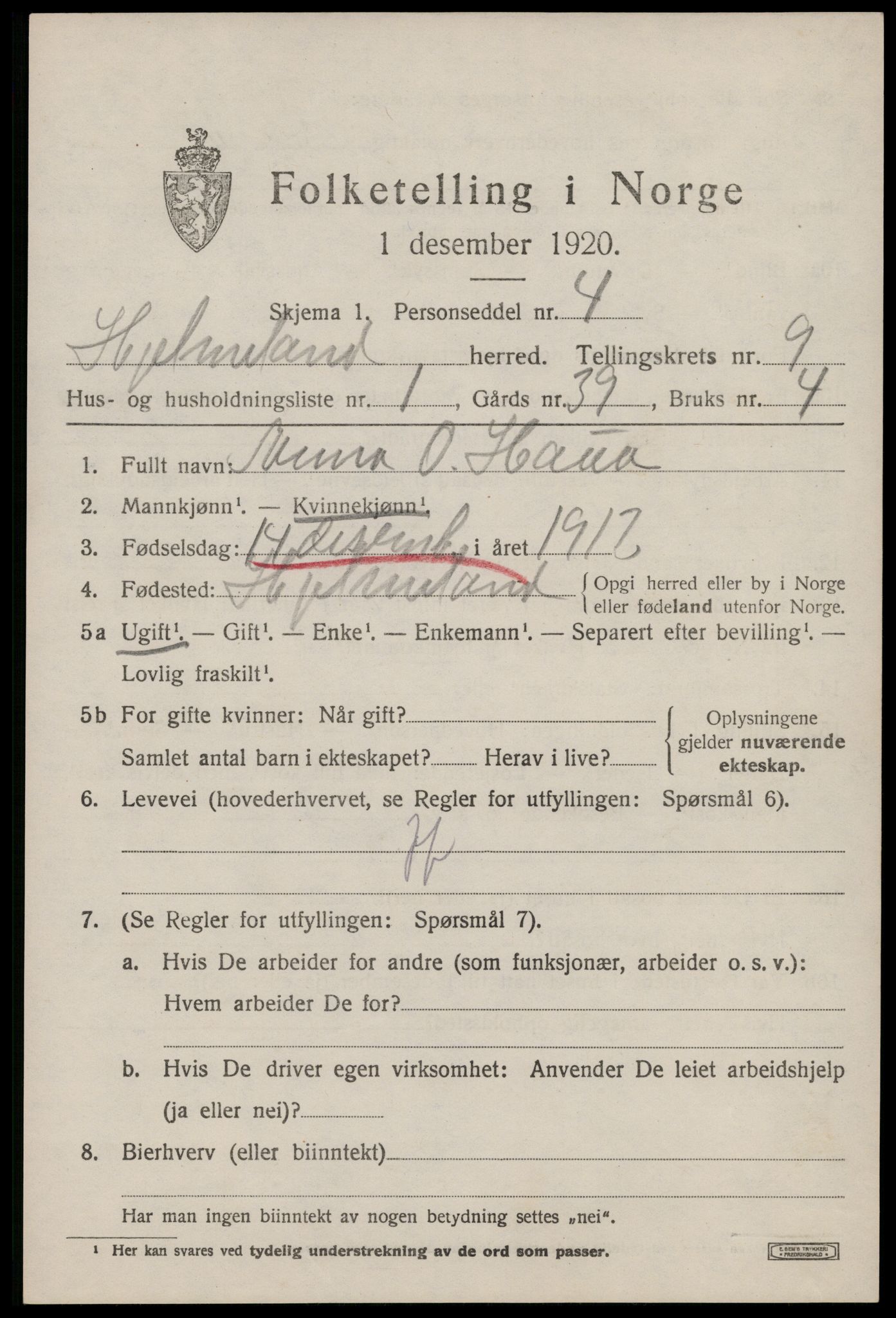 SAST, 1920 census for Hjelmeland, 1920, p. 2691