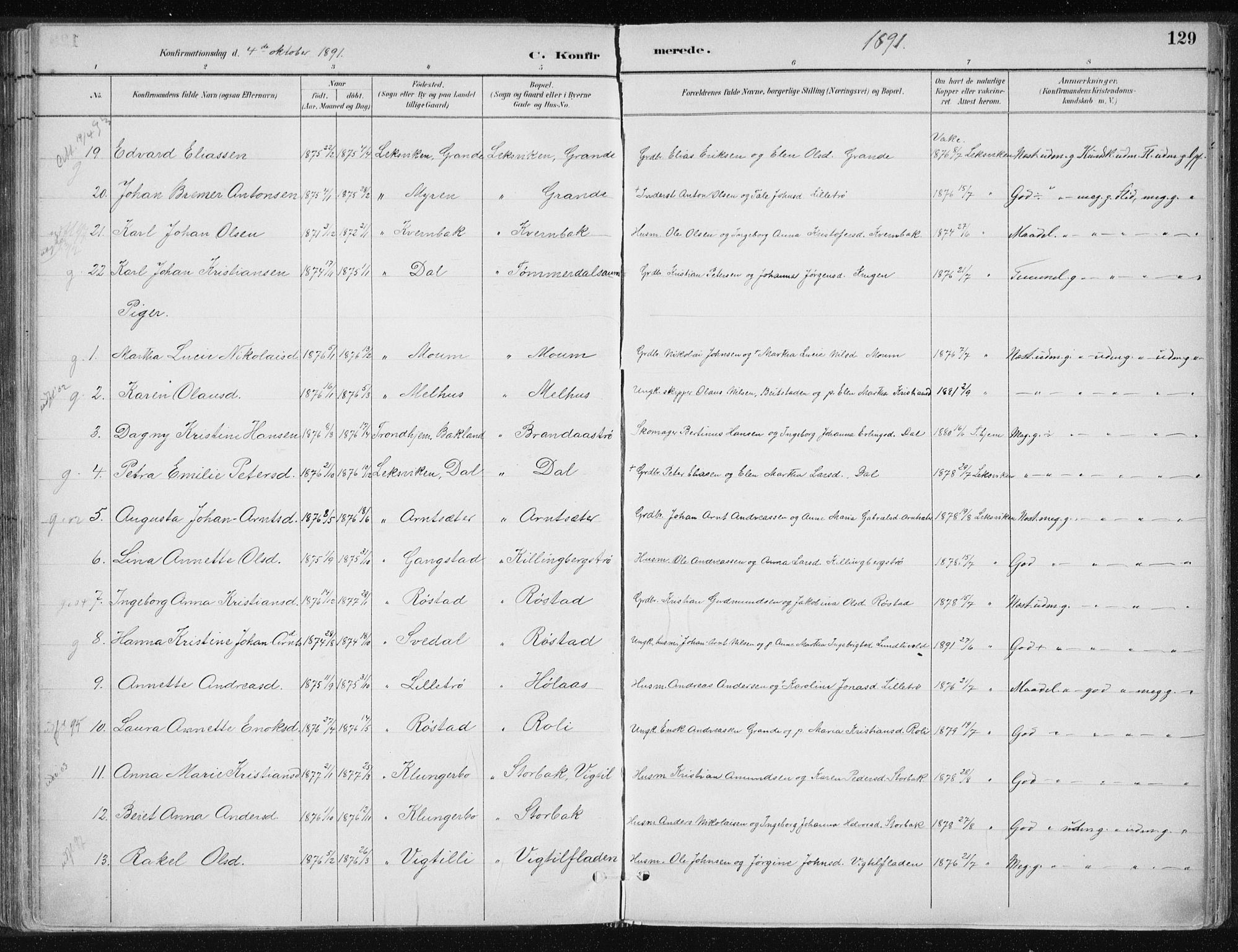 Ministerialprotokoller, klokkerbøker og fødselsregistre - Nord-Trøndelag, AV/SAT-A-1458/701/L0010: Parish register (official) no. 701A10, 1883-1899, p. 129