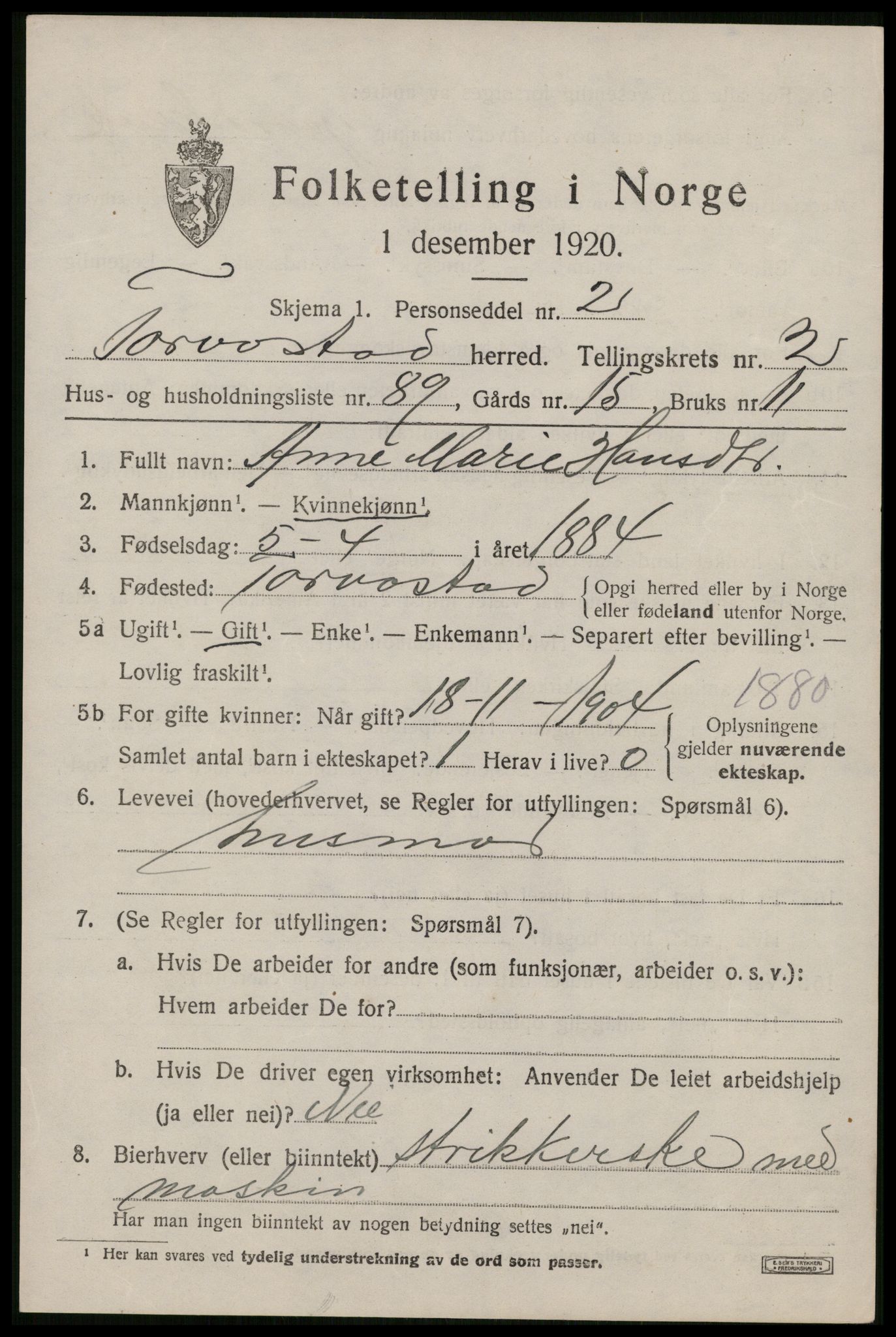 SAST, 1920 census for Torvastad, 1920, p. 2928