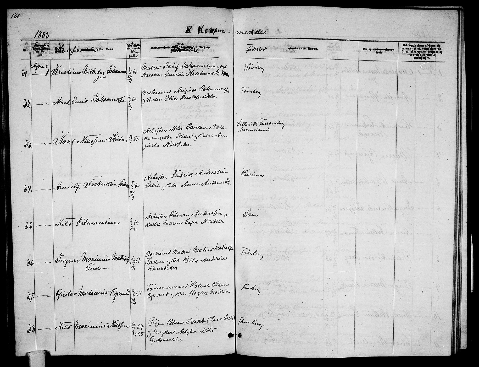 Tønsberg kirkebøker, AV/SAKO-A-330/G/Ga/L0005: Parish register (copy) no. 5, 1875-1885, p. 181