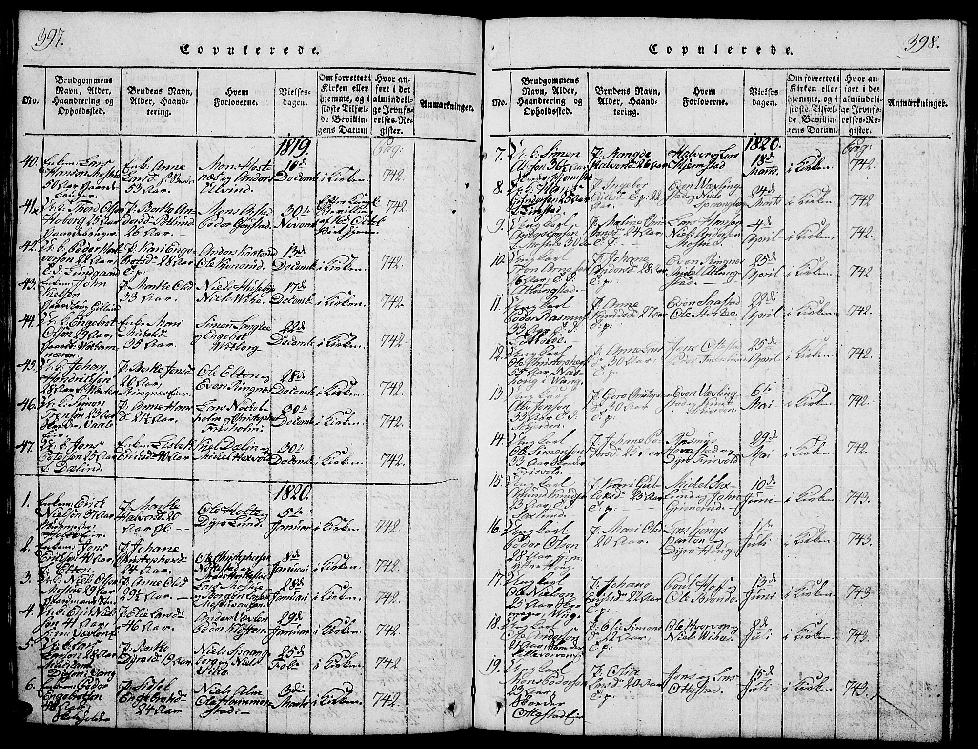 Stange prestekontor, SAH/PREST-002/L/L0001: Parish register (copy) no. 1, 1814-1825, p. 397-398