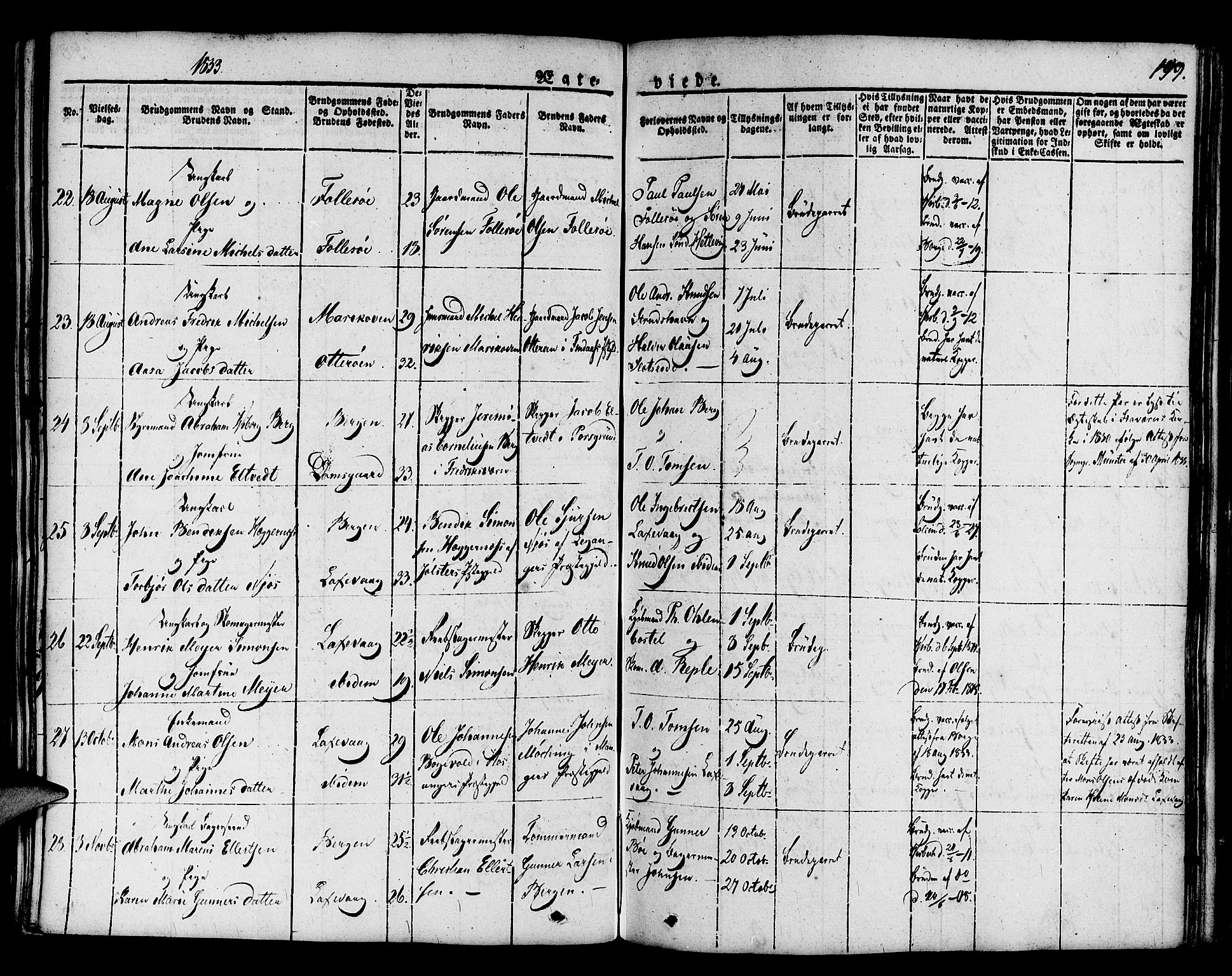 Askøy Sokneprestembete, AV/SAB-A-74101/H/Ha/Haa/Haaa/L0004: Parish register (official) no. A 4, 1825-1845, p. 199