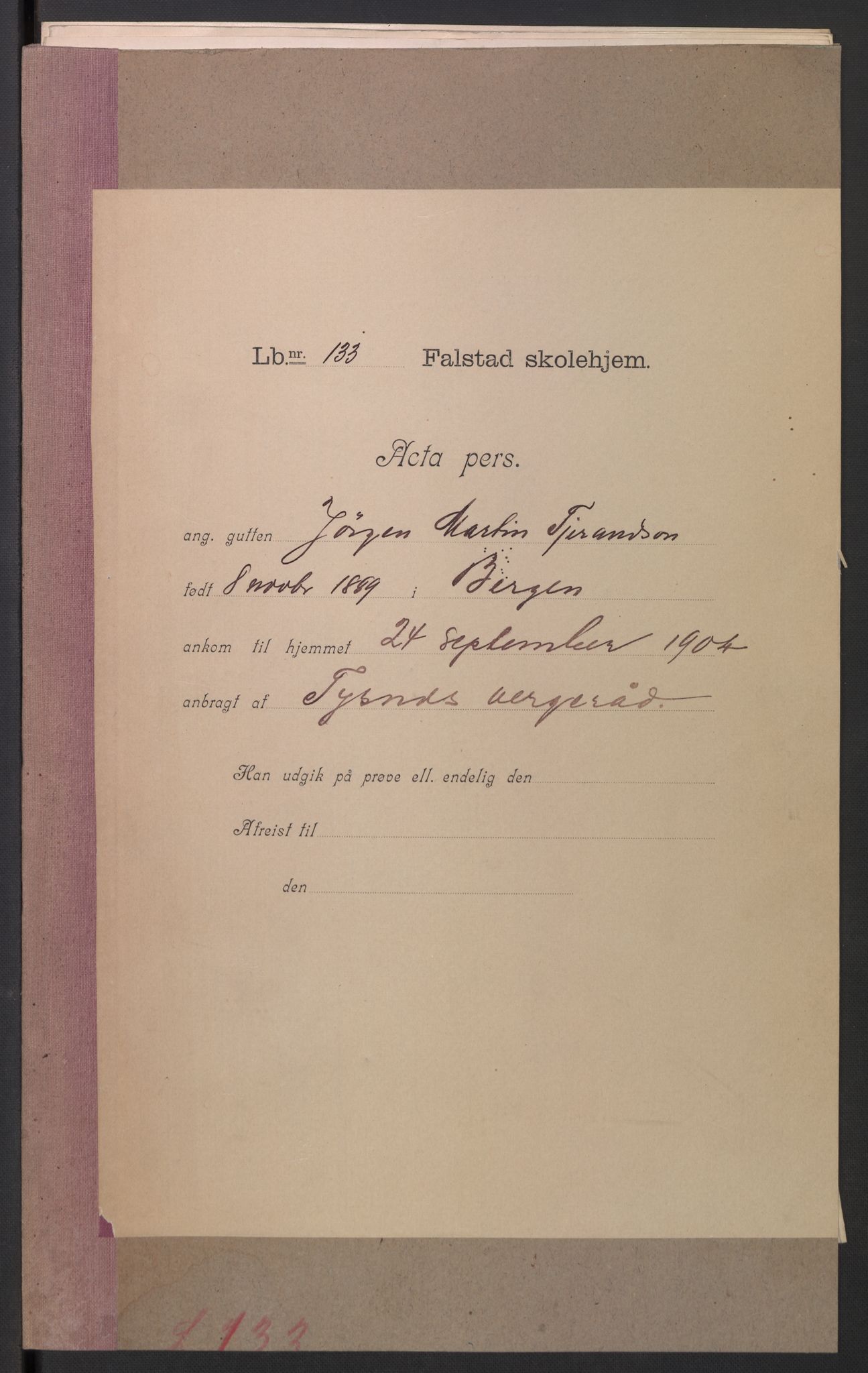 Falstad skolehjem, AV/RA-S-1676/E/Eb/L0006: Elevmapper løpenr. 121-145, 1903-1910, p. 169