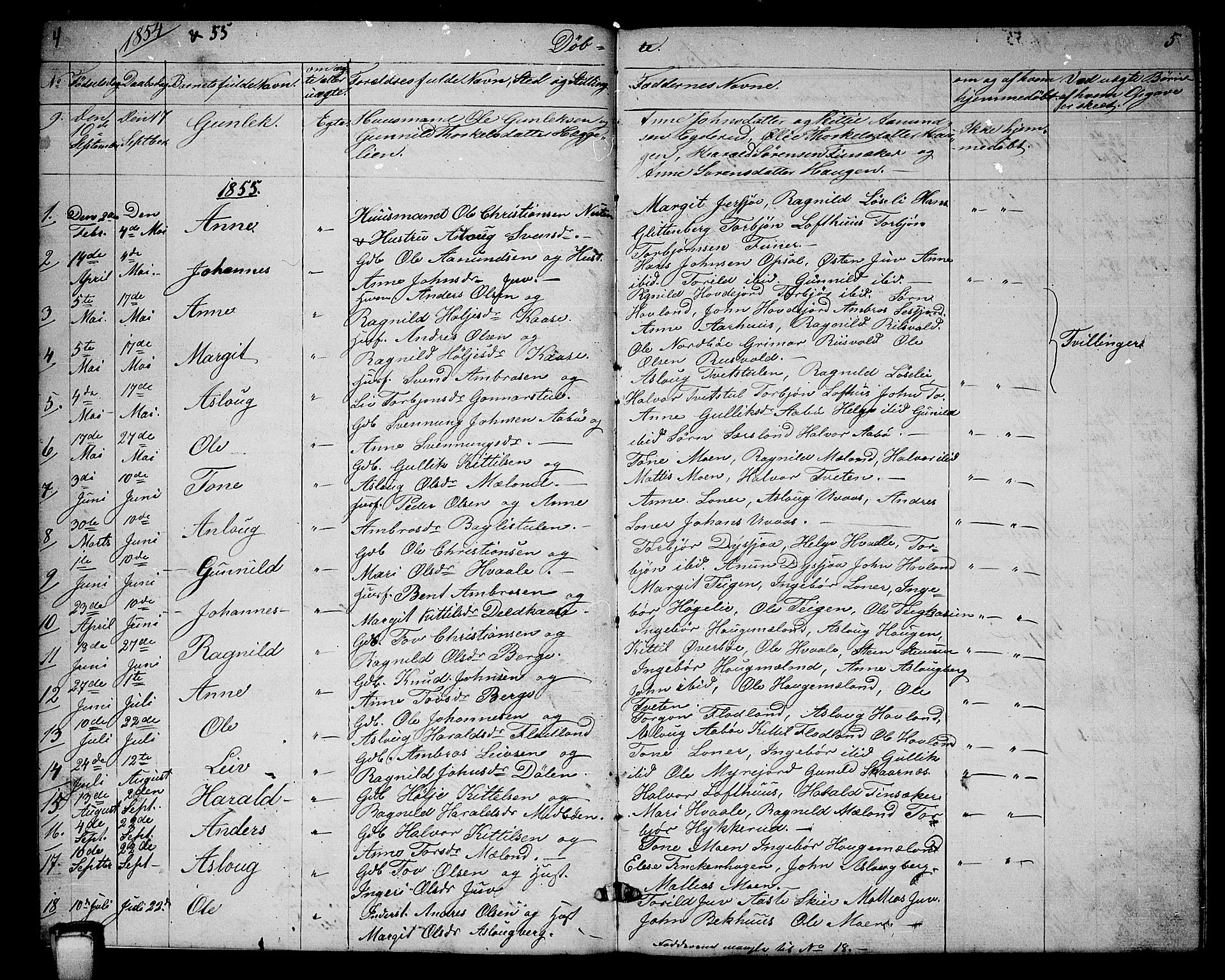 Hjartdal kirkebøker, SAKO/A-270/G/Ga/L0002: Parish register (copy) no. I 2, 1854-1888, p. 4-5