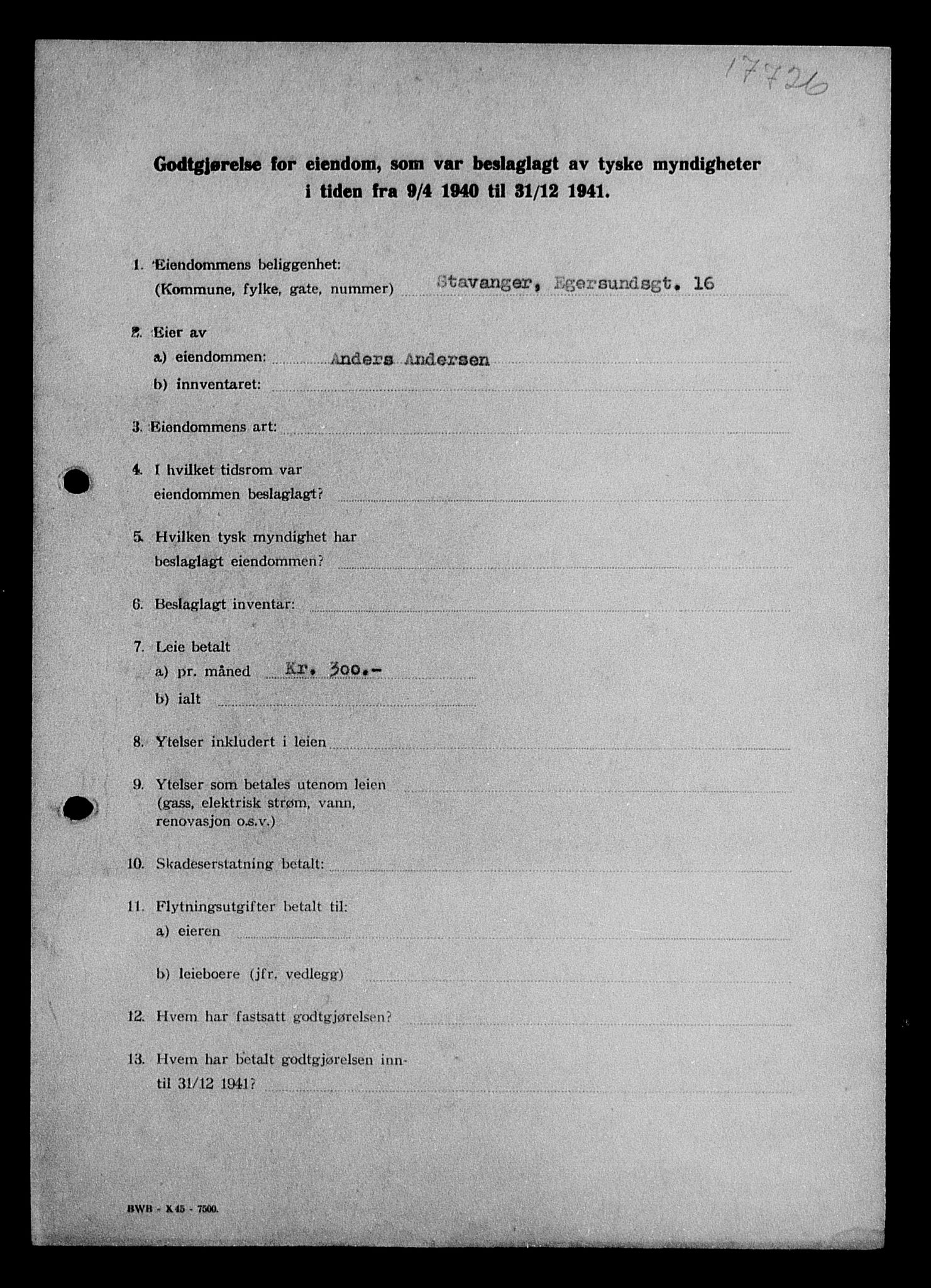 Justisdepartementet, Tilbakeføringskontoret for inndratte formuer, AV/RA-S-1564/I/L1014: Godtgjørelse for beslaglagt eiendom, 1940-1941, p. 5