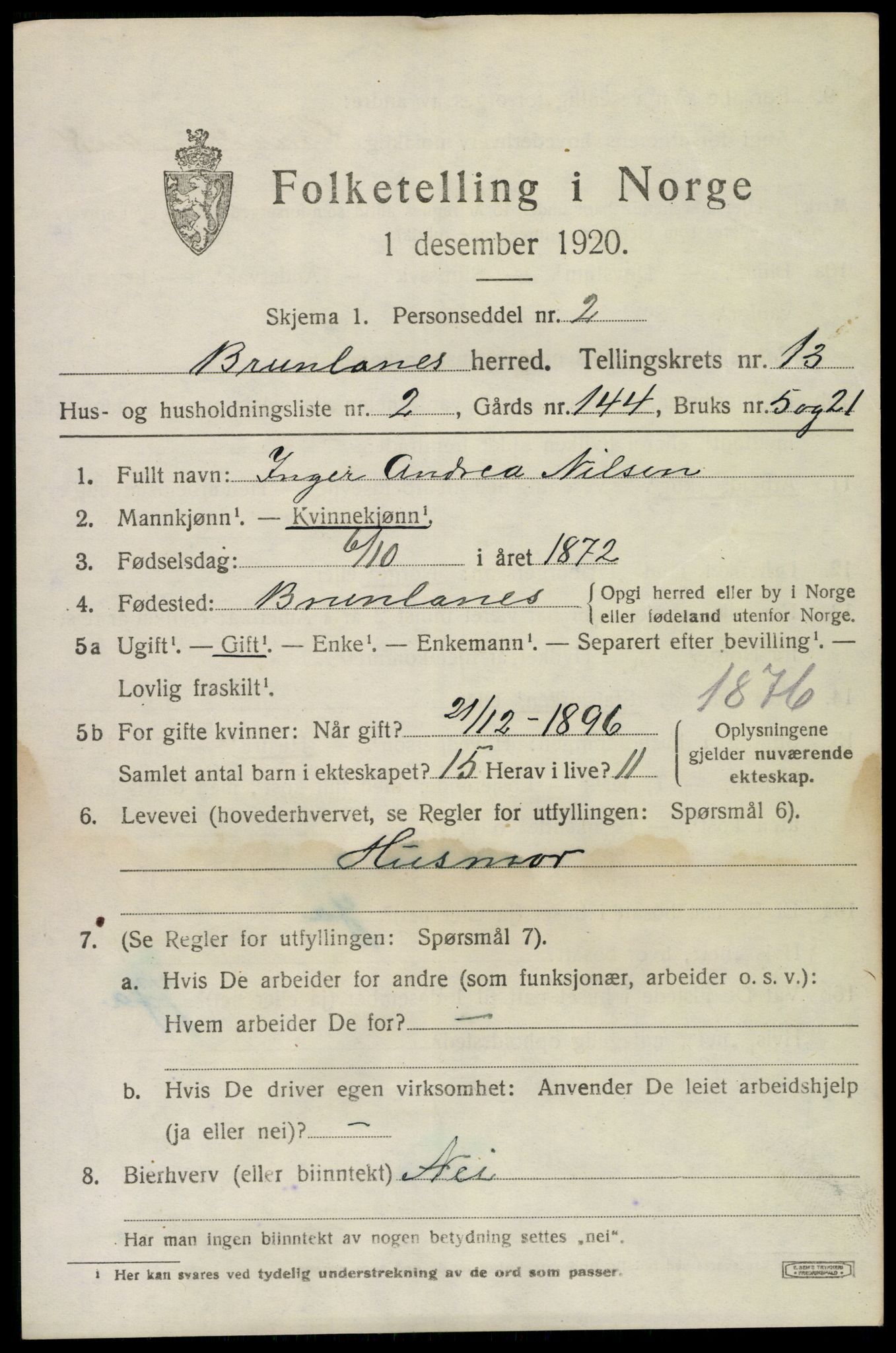 SAKO, 1920 census for Brunlanes, 1920, p. 10801