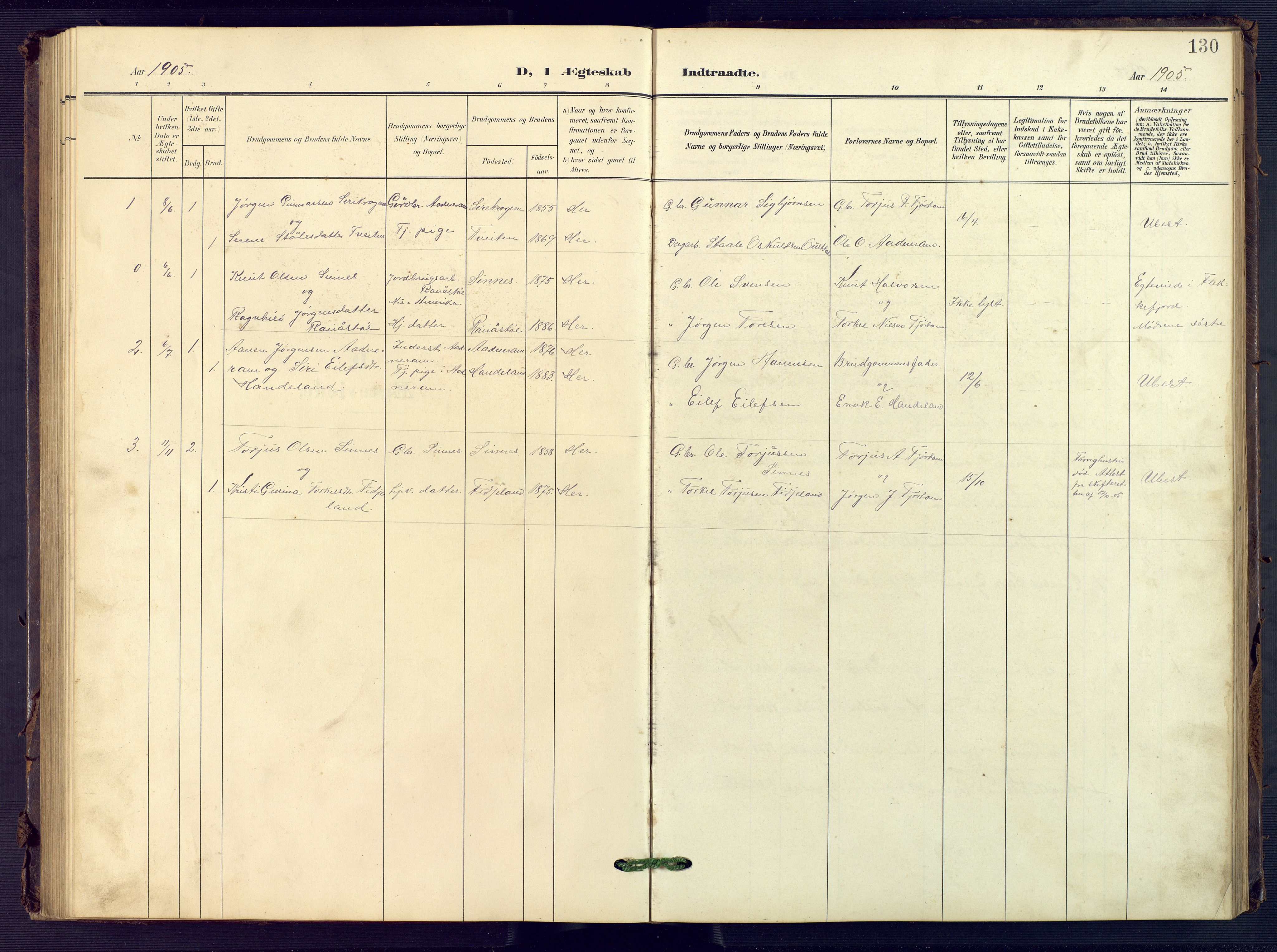 Sirdal sokneprestkontor, SAK/1111-0036/F/Fb/Fba/L0002: Parish register (copy) no. B 2, 1905-1958, p. 130